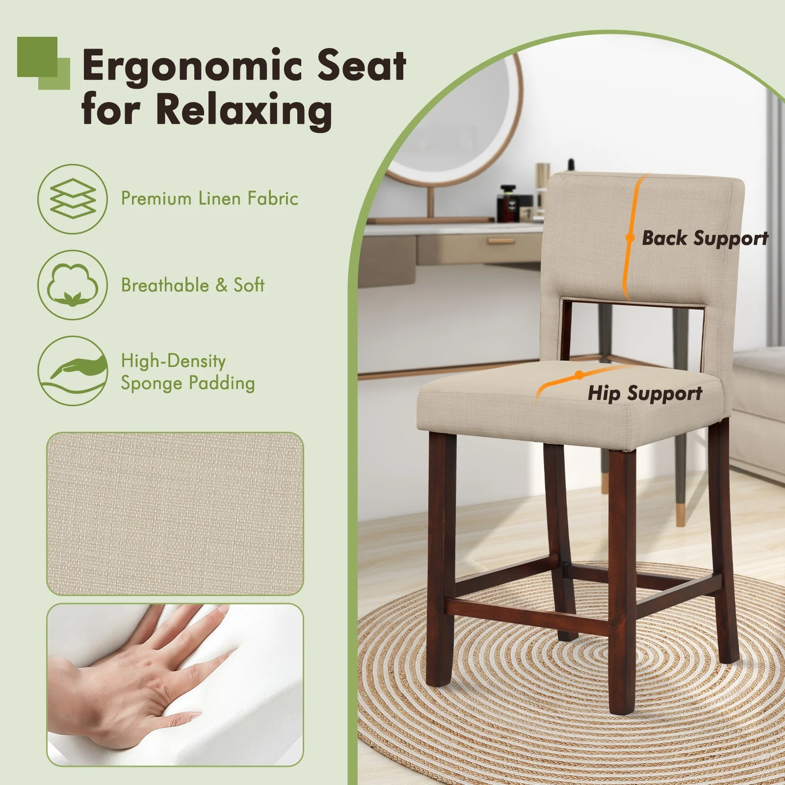 2 Piece Bar Chair Set, Hollowed Back, Rubber Wood Legs, Beige - Image 7