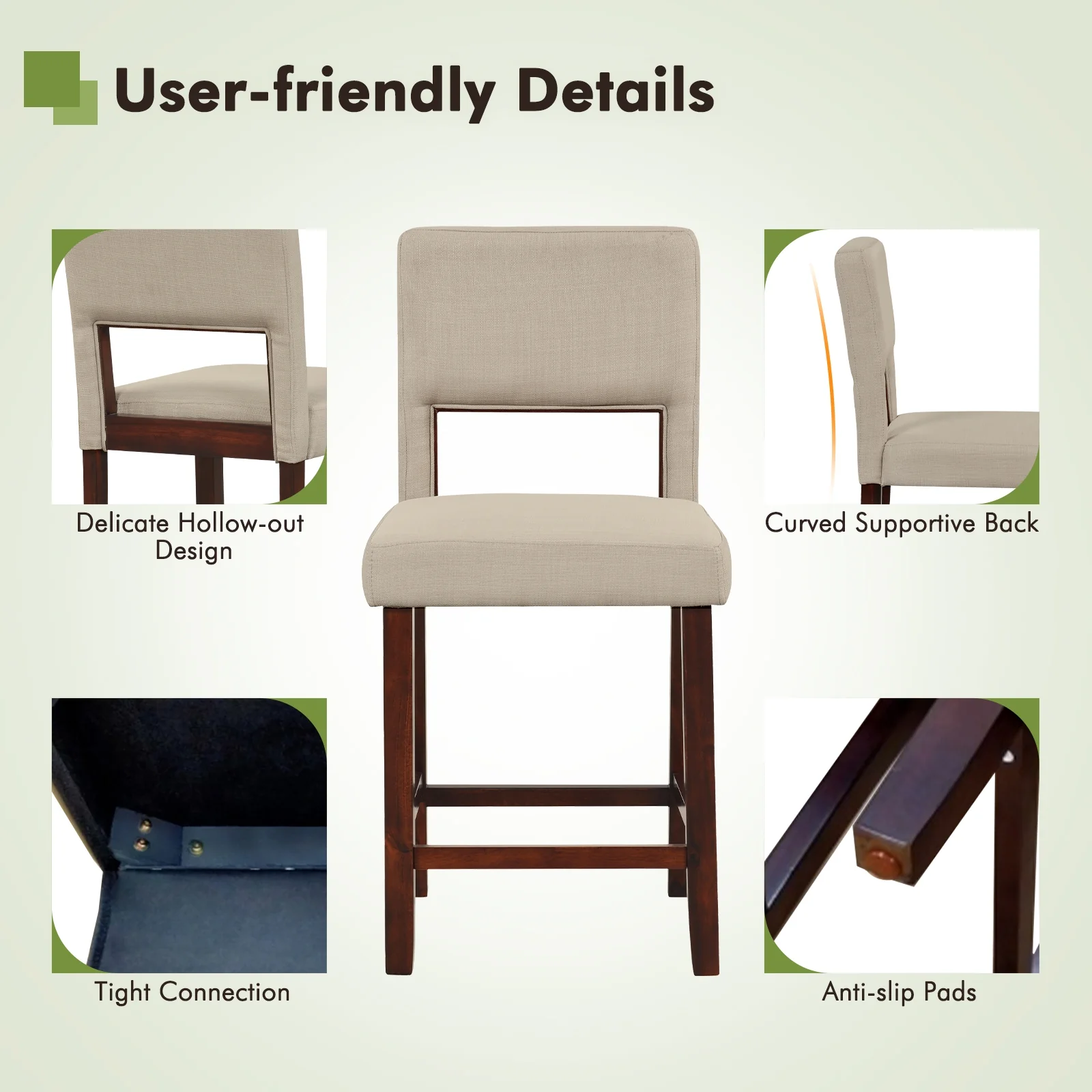 2 Piece Bar Chair Set, Hollowed Back, Rubber Wood Legs, Beige - Image 9