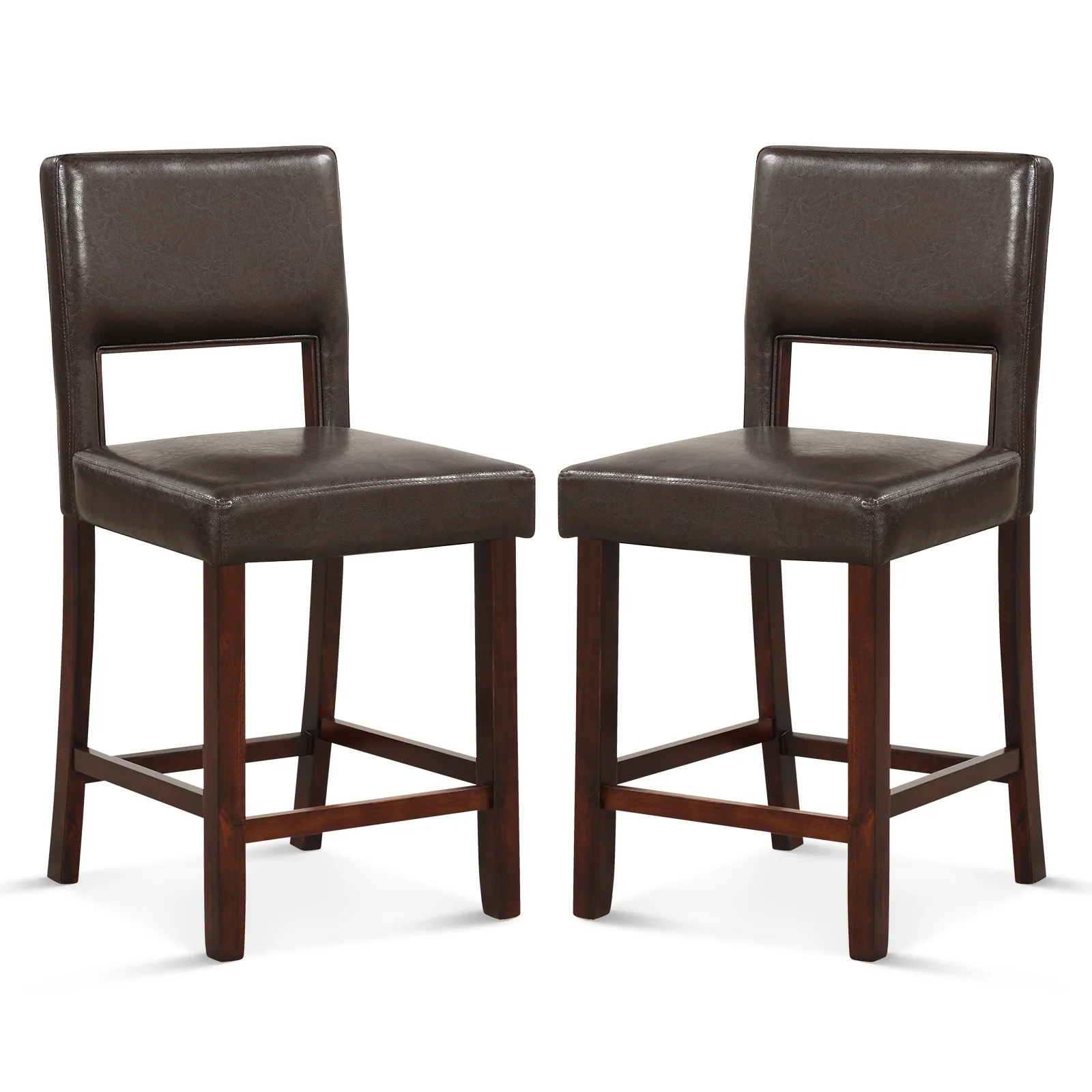 2 Piece Bar Chair Set, Hollowed Back, Rubber Wood Legs, Brown