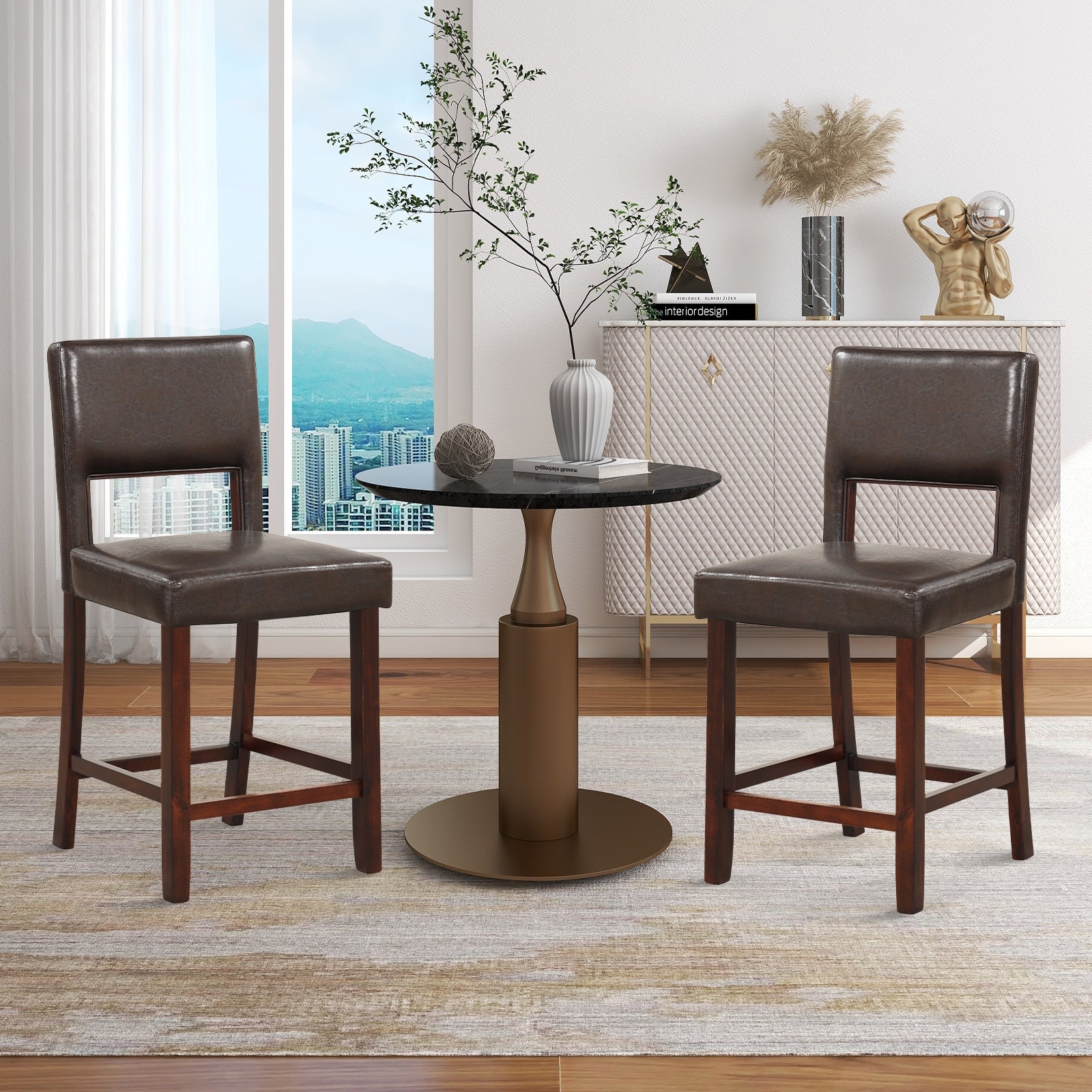 2 Piece Bar Chair Set, Hollowed Back, Rubber Wood Legs, Brown - Image 2