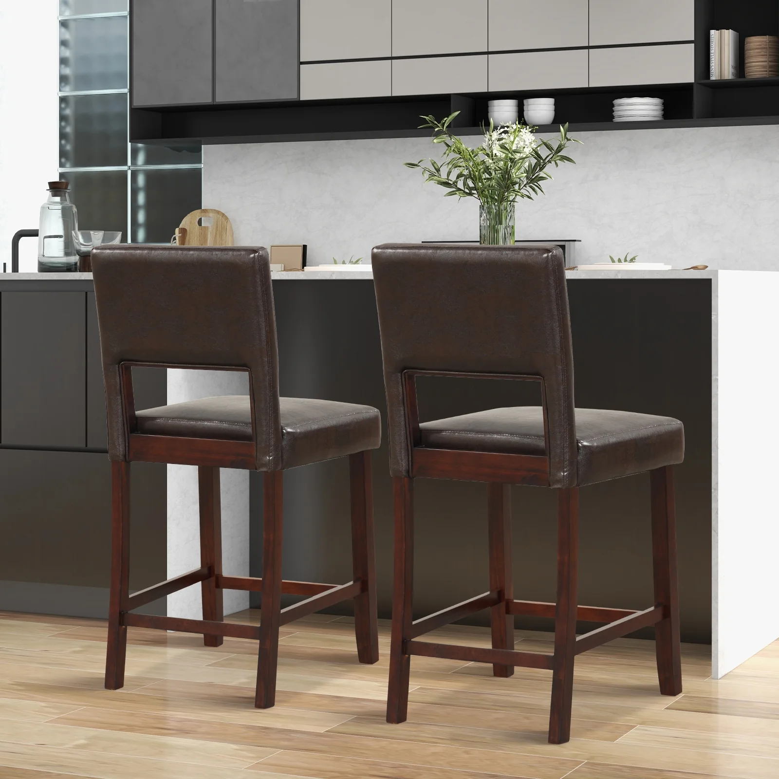 2 Piece Bar Chair Set, Hollowed Back, Rubber Wood Legs, Brown - Image 3