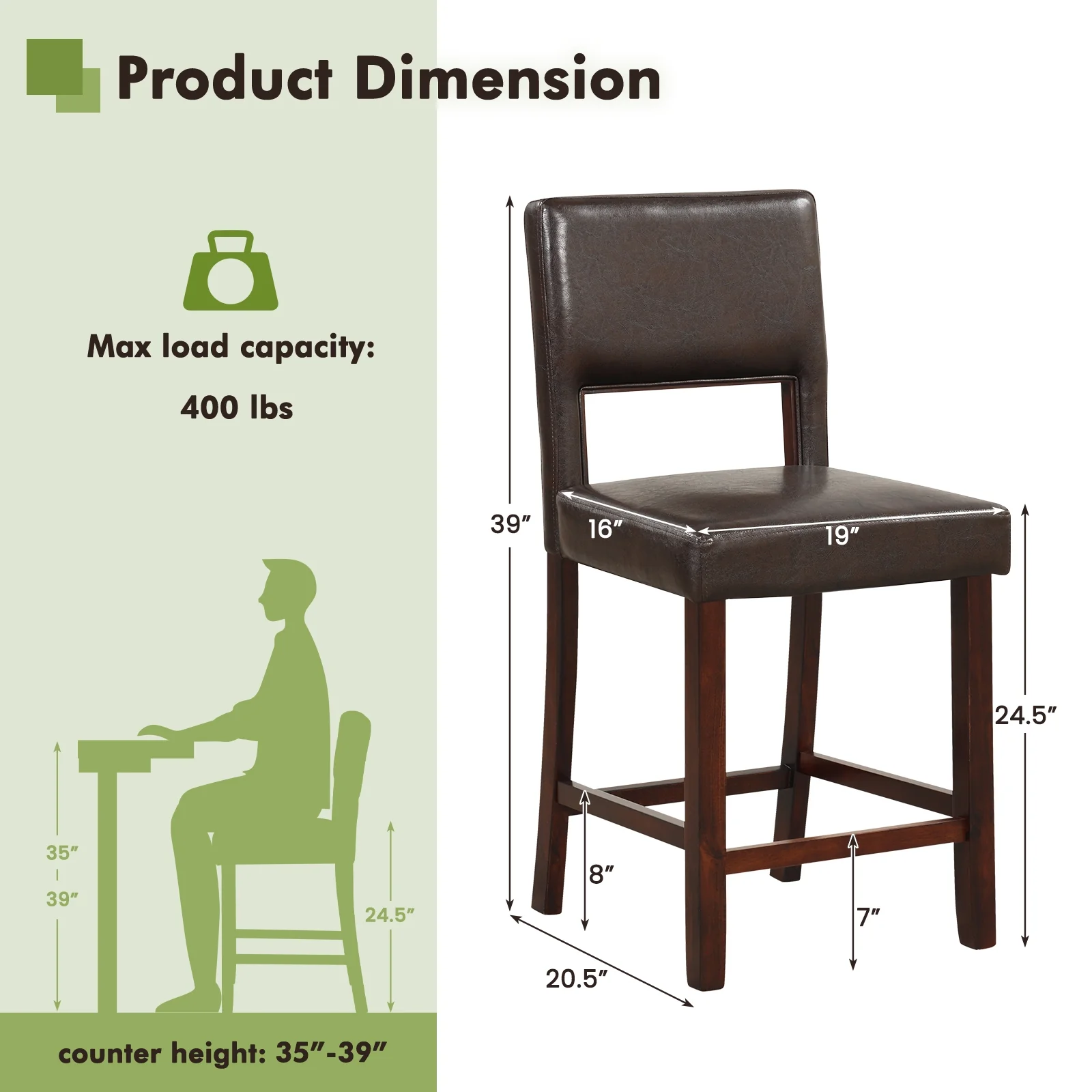 2 Piece Bar Chair Set, Hollowed Back, Rubber Wood Legs, Brown - Image 5