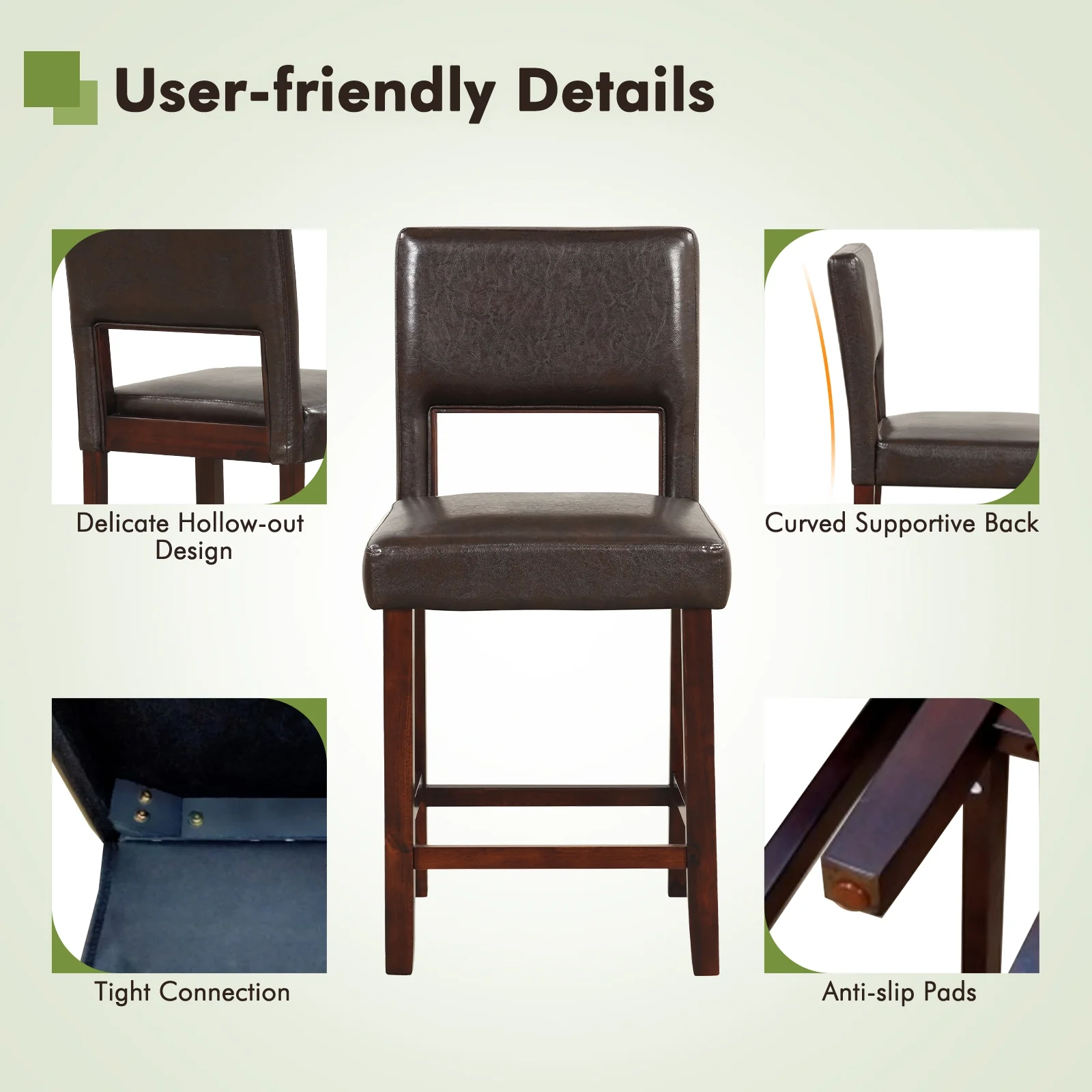 2 Piece Bar Chair Set, Hollowed Back, Rubber Wood Legs, Brown - Image 6