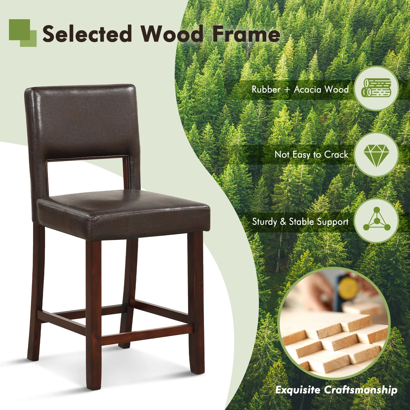2 Piece Bar Chair Set, Hollowed Back, Rubber Wood Legs, Brown - Image 7