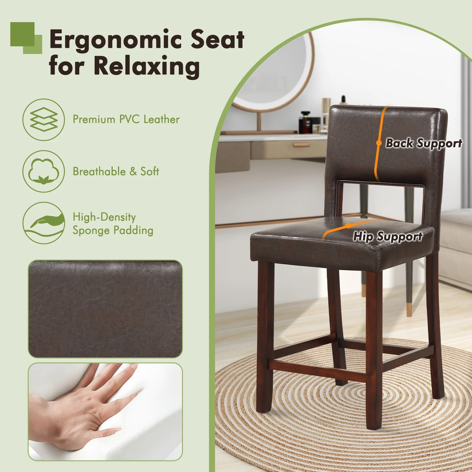 2 Piece Bar Chair Set, Hollowed Back, Rubber Wood Legs, Brown - Image 8