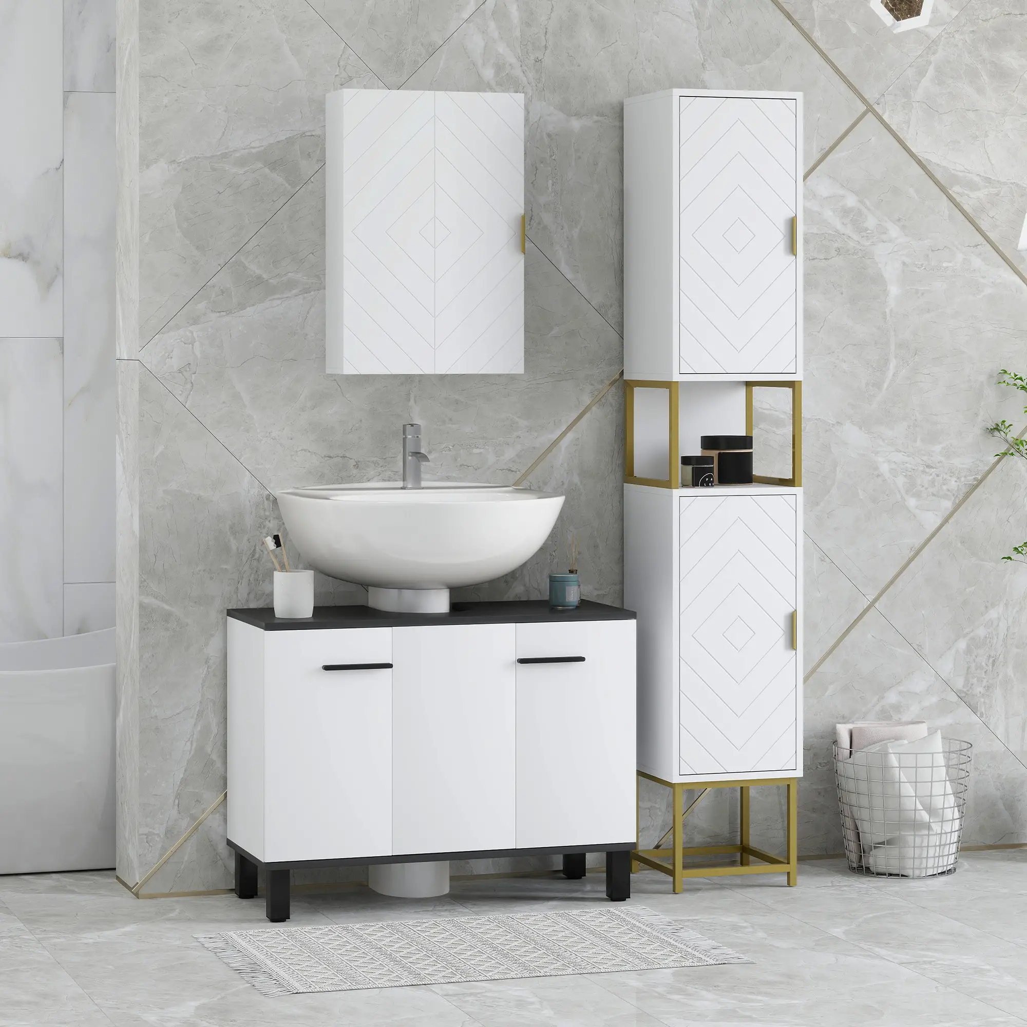 2-Piece Bathroom Cabinet Set, Adjustable Shelves, White - Image 2