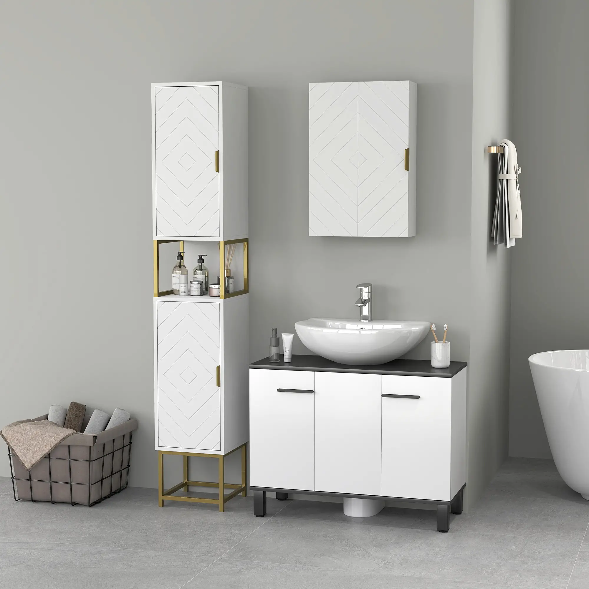 2-Piece Bathroom Cabinet Set, Adjustable Shelves, White - Image 8