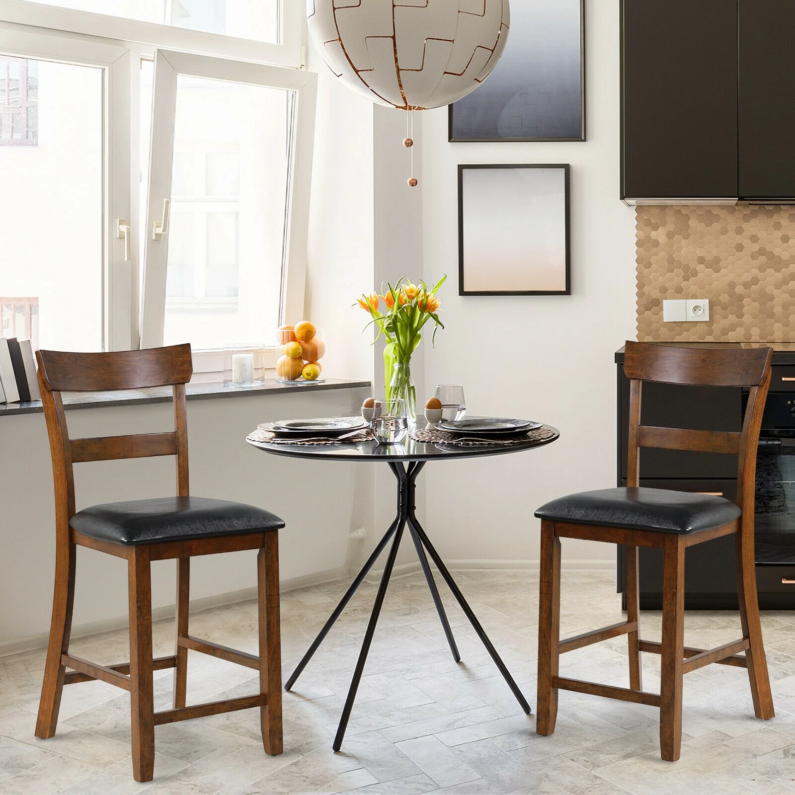 2-Piece Counter Height Chair Set, Leather Seat, Rubber Wood Legs, Brown - Image 2