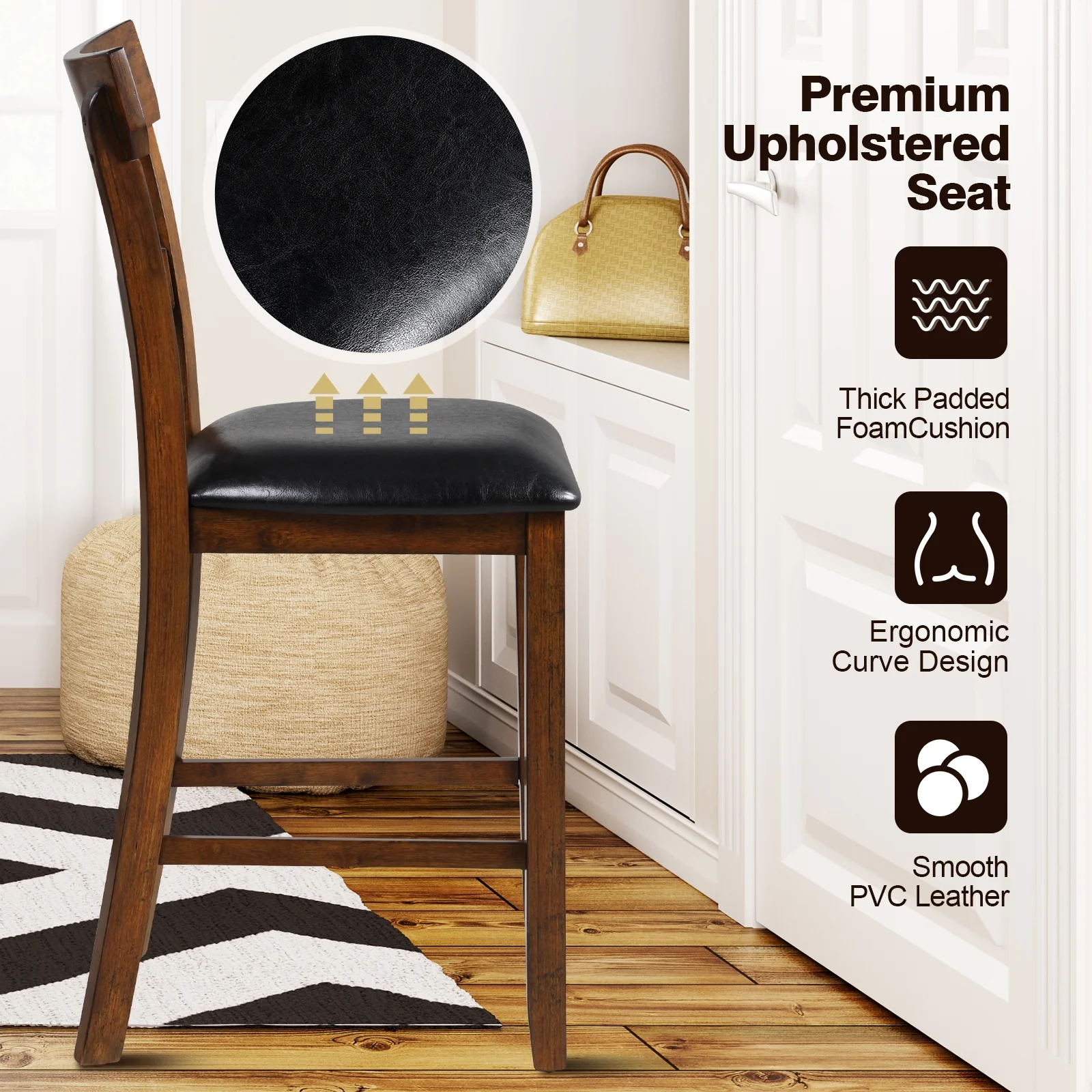 2-Piece Counter Height Chair Set, Leather Seat, Rubber Wood Legs, Brown - Image 3