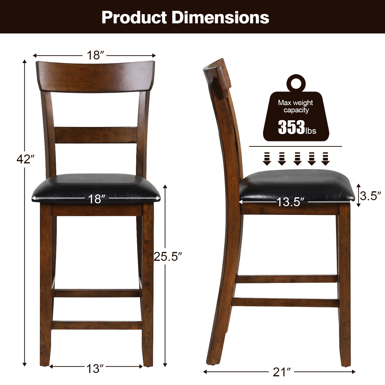 2-Piece Counter Height Chair Set, Leather Seat, Rubber Wood Legs, Brown - Image 5