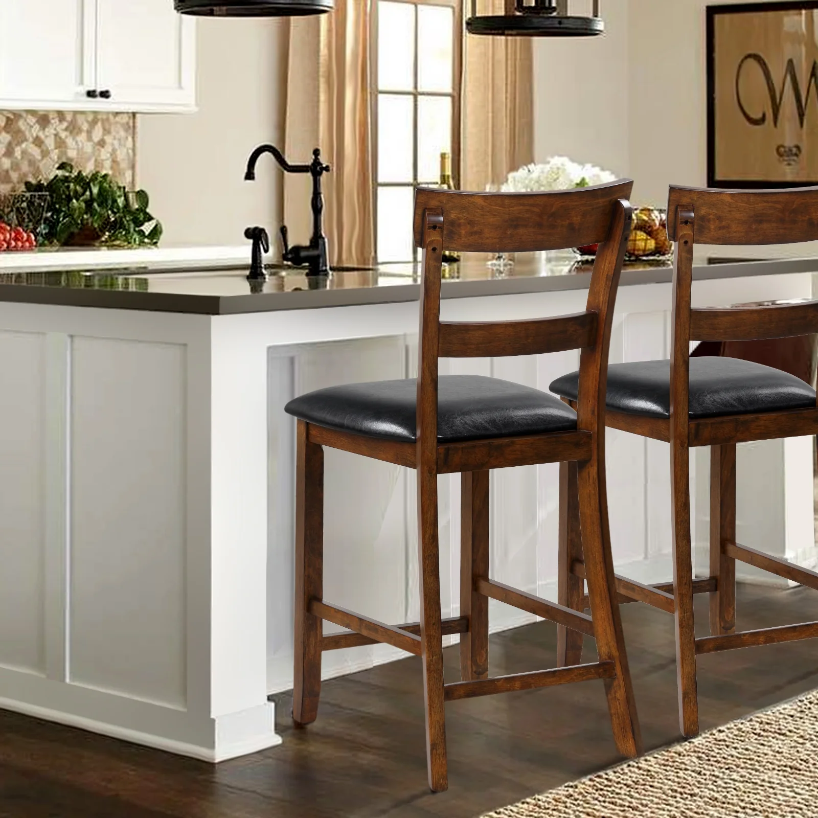 2-Piece Counter Height Chair Set, Leather Seat, Rubber Wood Legs, Brown - Image 7