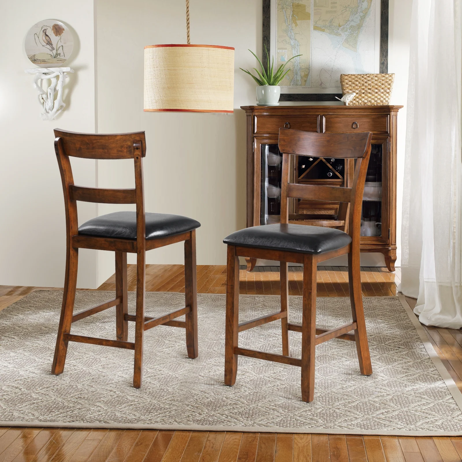 2-Piece Counter Height Chair Set, Leather Seat, Rubber Wood Legs, Brown - Image 8