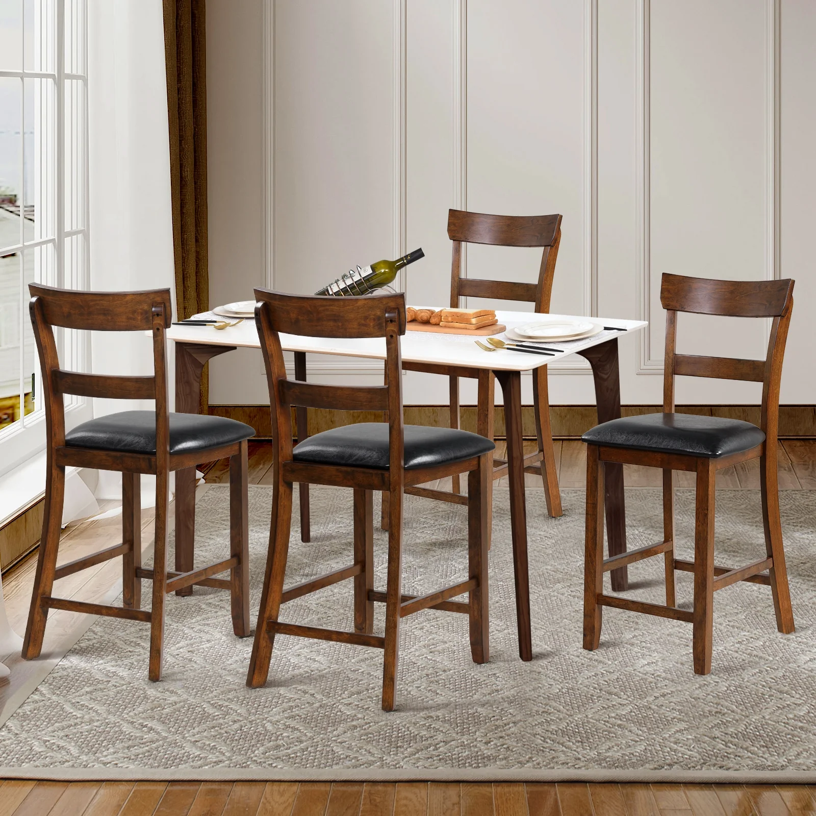 2-Piece Counter Height Chair Set, Leather Seat, Rubber Wood Legs, Brown - Image 9