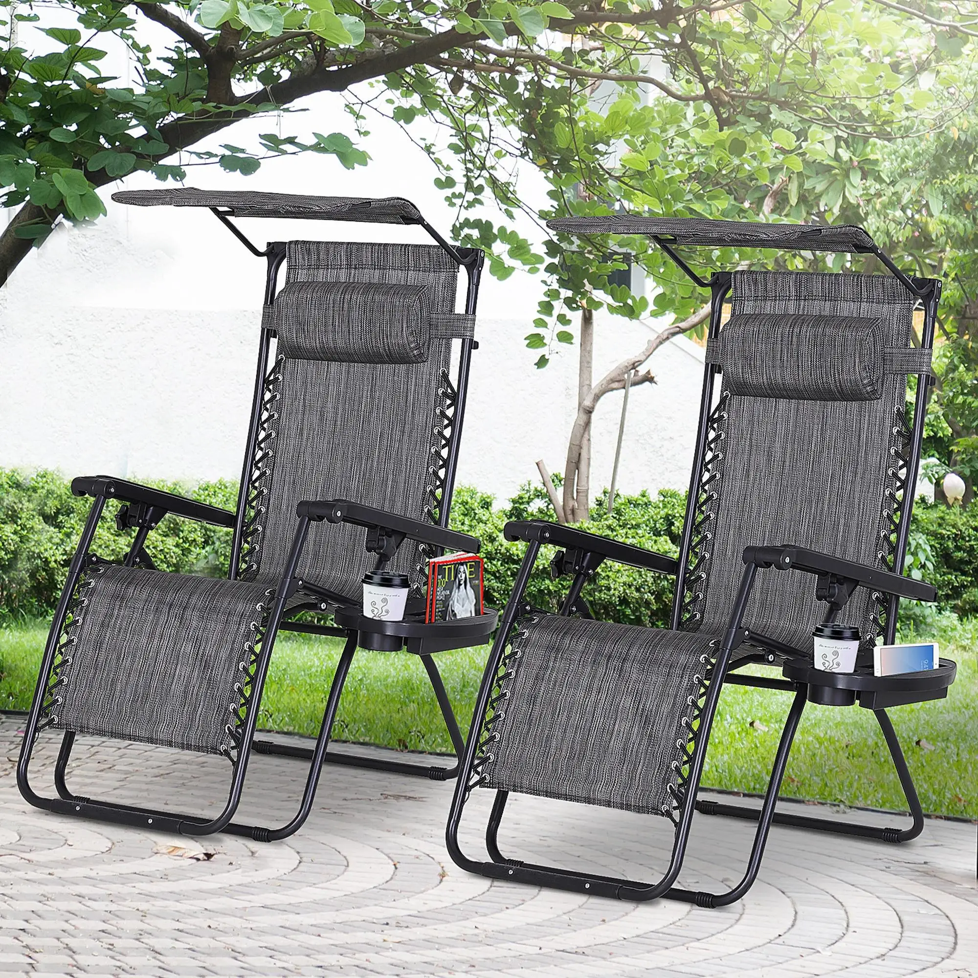 2 Piece Foldable Lounge Chair with Canopy, Outdoor Zero Gravity Chair, Dark Grey - Image 2