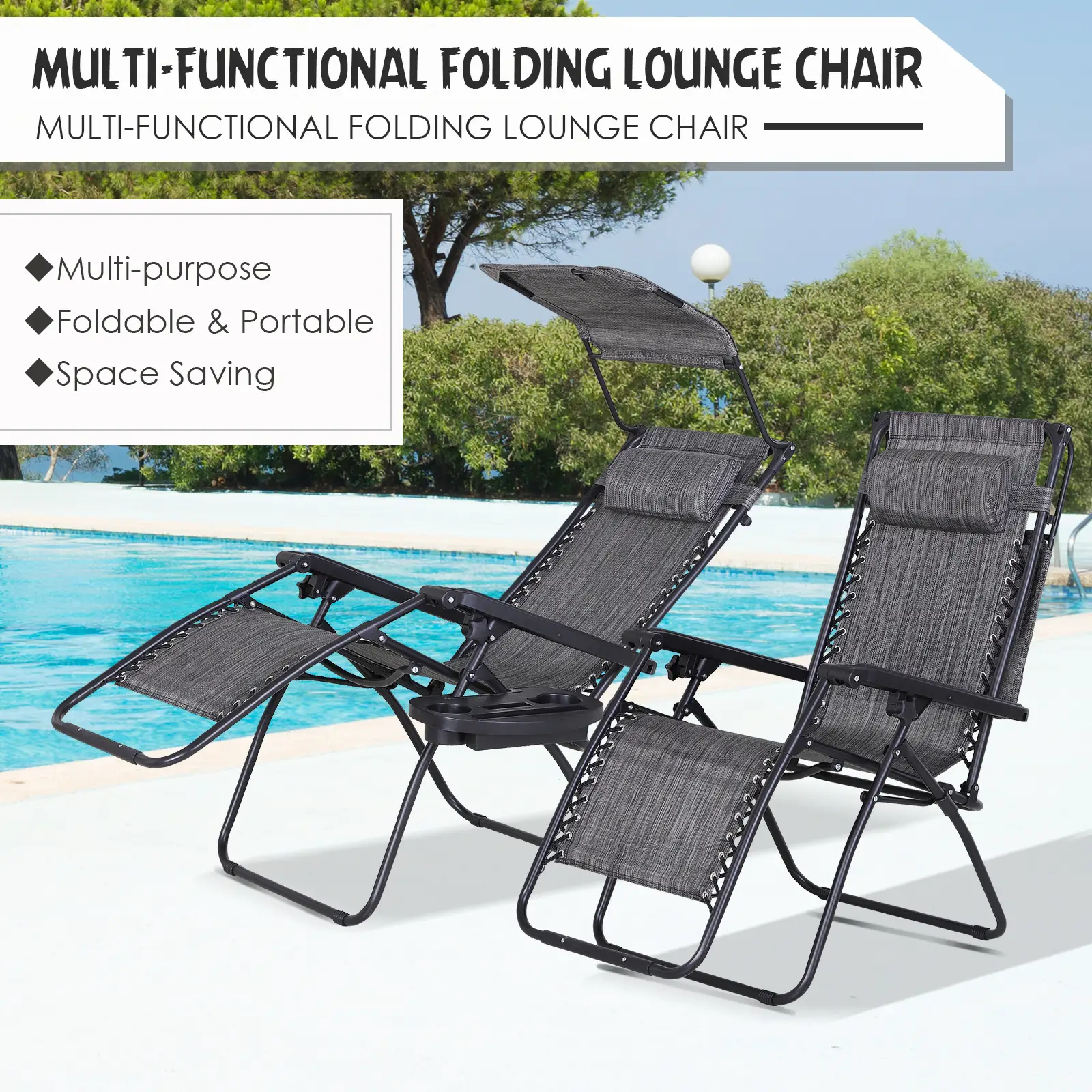 2 Piece Foldable Lounge Chair with Canopy, Outdoor Zero Gravity Chair, Dark Grey - Image 4