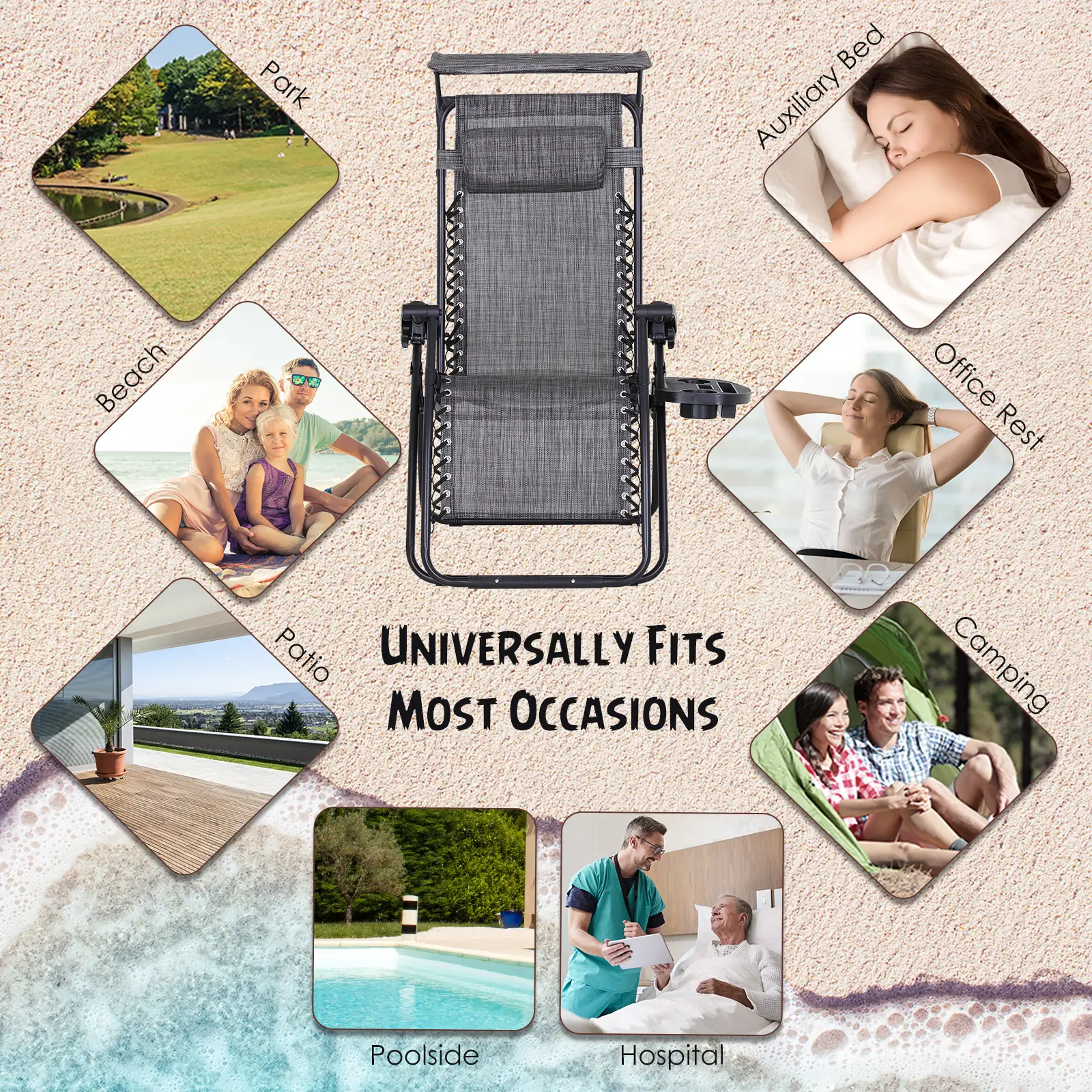 2 Piece Foldable Lounge Chair with Canopy, Outdoor Zero Gravity Chair, Dark Grey - Image 7