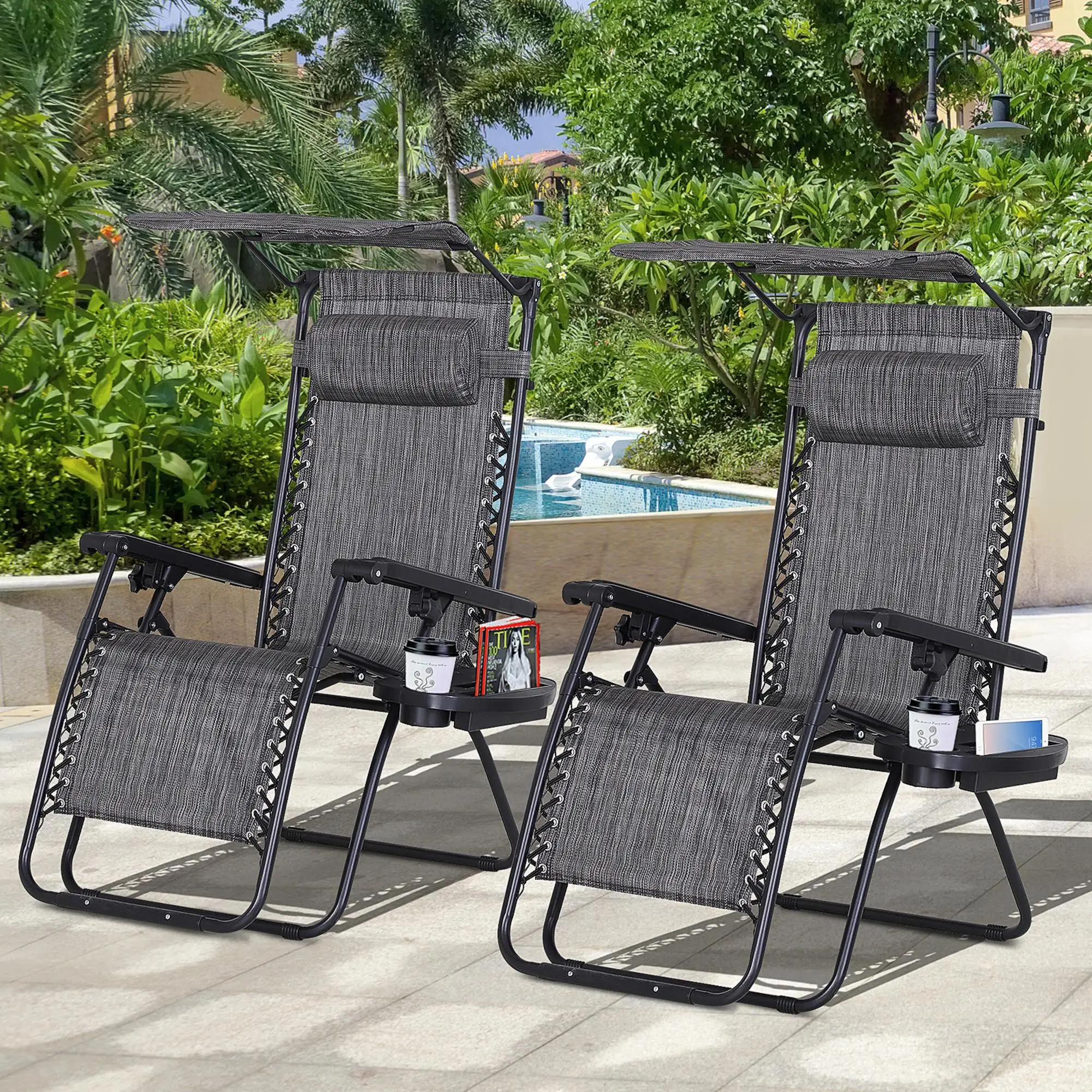 2 Piece Foldable Lounge Chair with Canopy, Outdoor Zero Gravity Chair, Dark Grey - Image 8