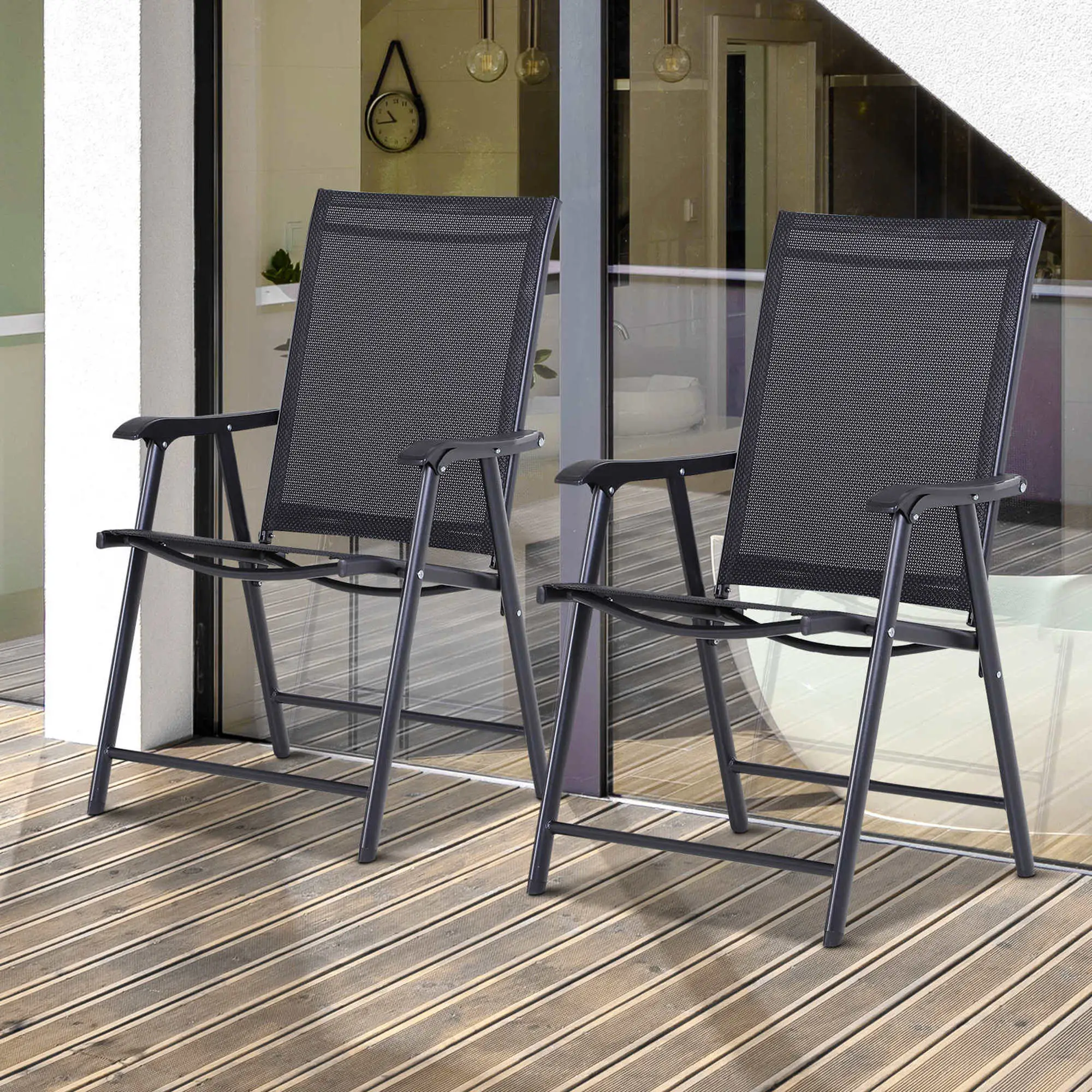 2-Piece Folding Dining Chair Set, Outdoor Furniture with Armrests, Black - Image 2