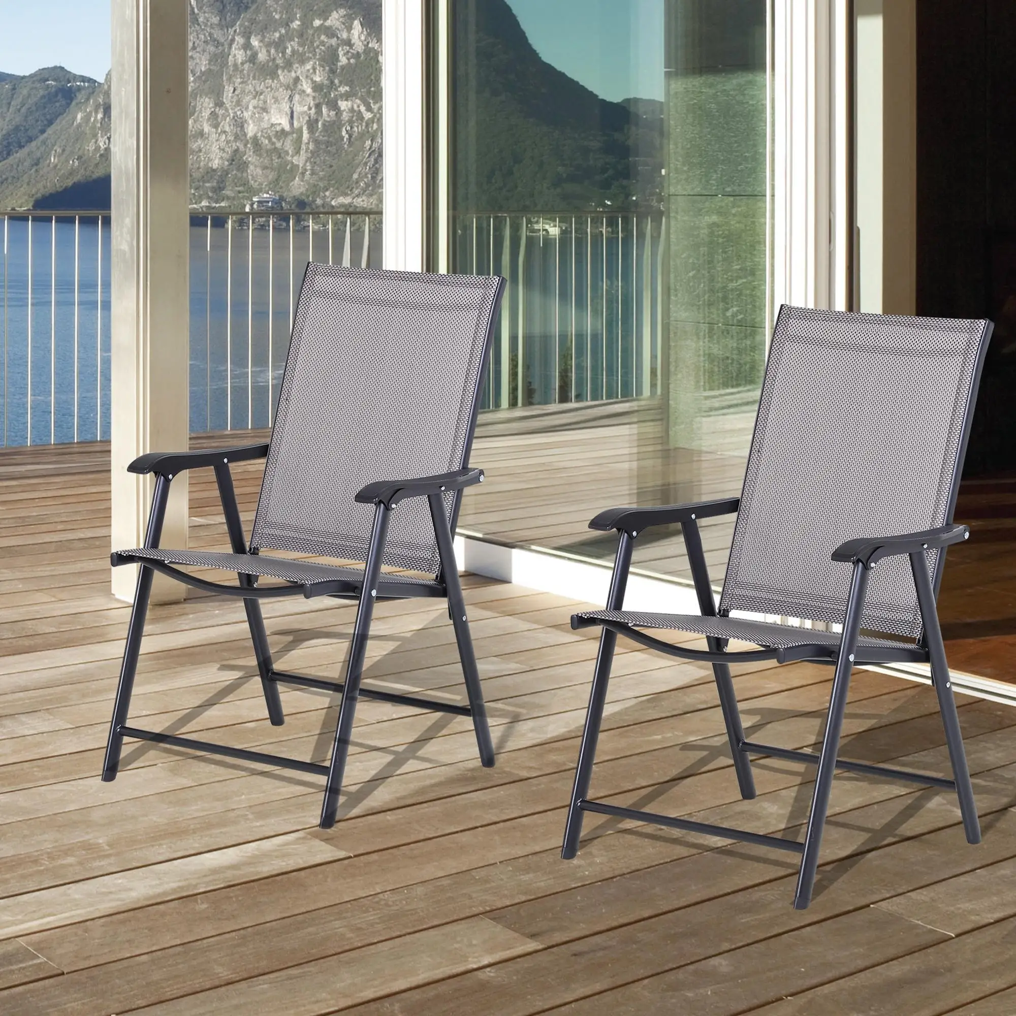 2-Piece Folding Dining Chair Set, Outdoor Furniture with Armrests, Grey - Image 2