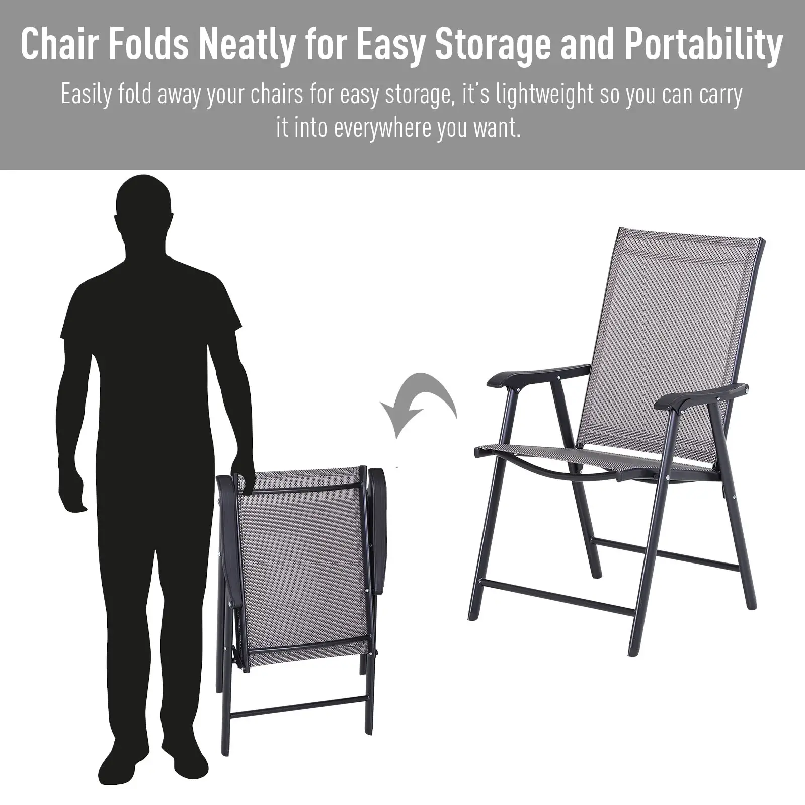 2-Piece Folding Dining Chair Set, Outdoor Furniture with Armrests, Grey - Image 4