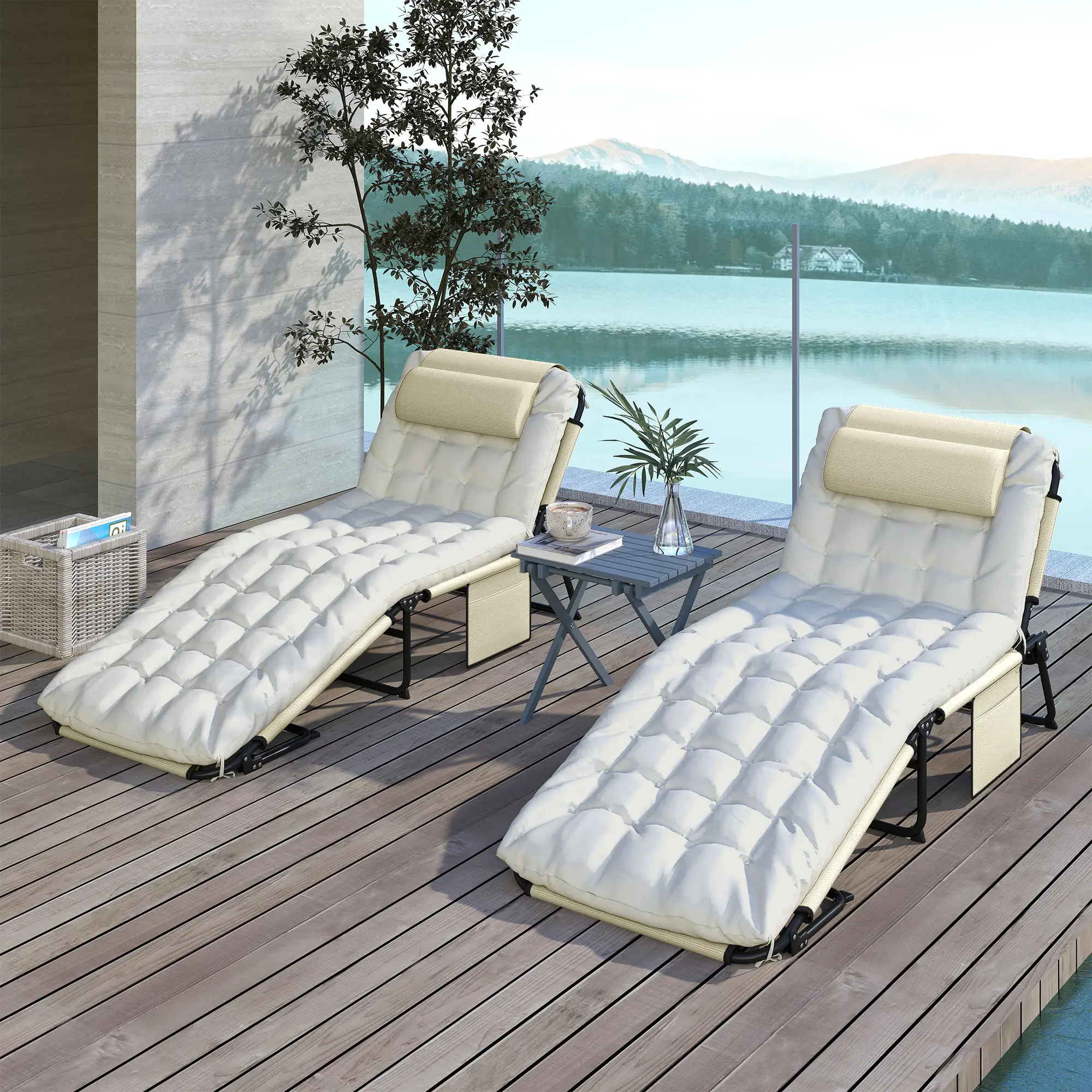2-Piece Folding Lounge Chairs, Adjustable Backrest, Cushion, Side Pocket, Headrest, Beige - Image 10