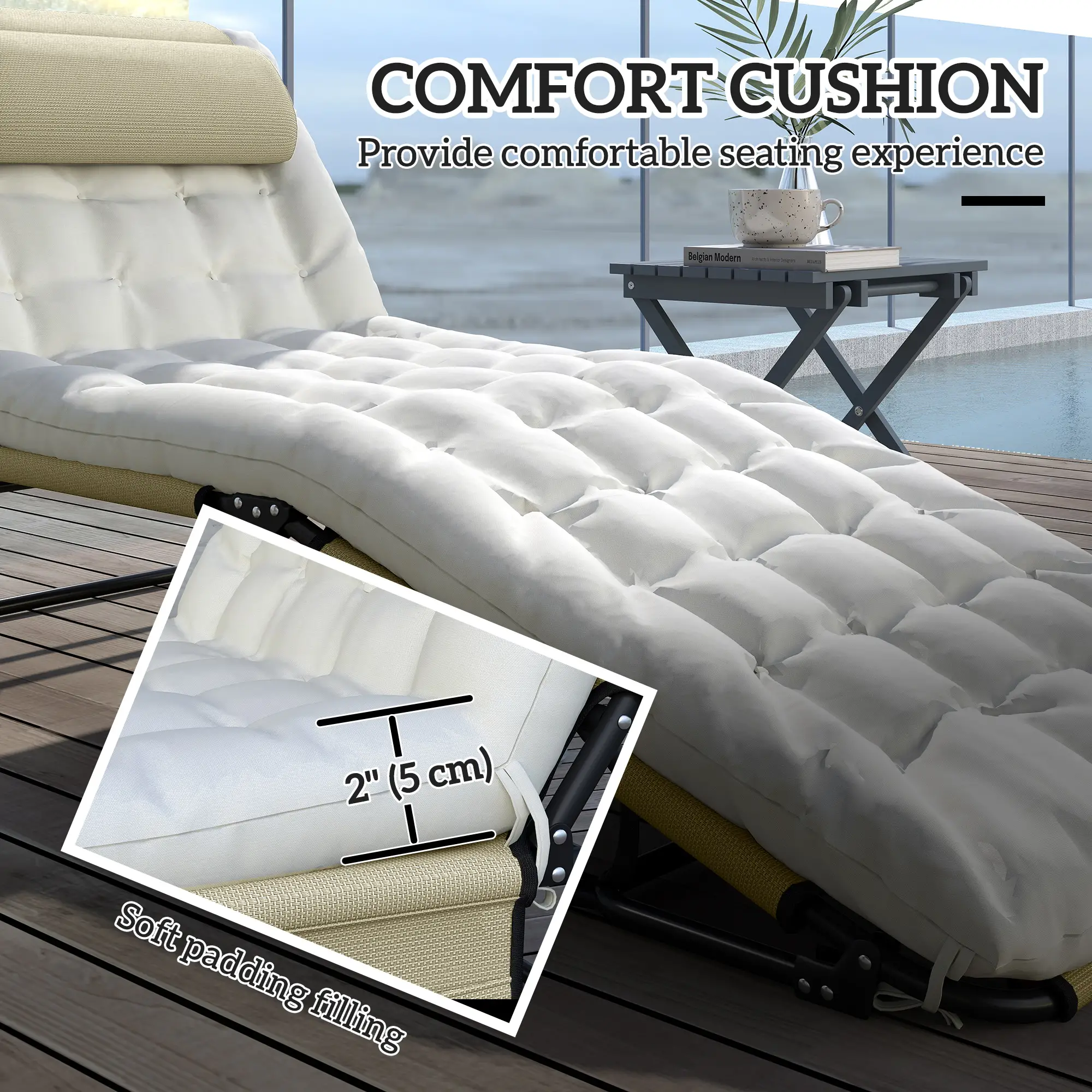 2-Piece Folding Lounge Chairs, Adjustable Backrest, Cushion, Side Pocket, Headrest, Beige - Image 7