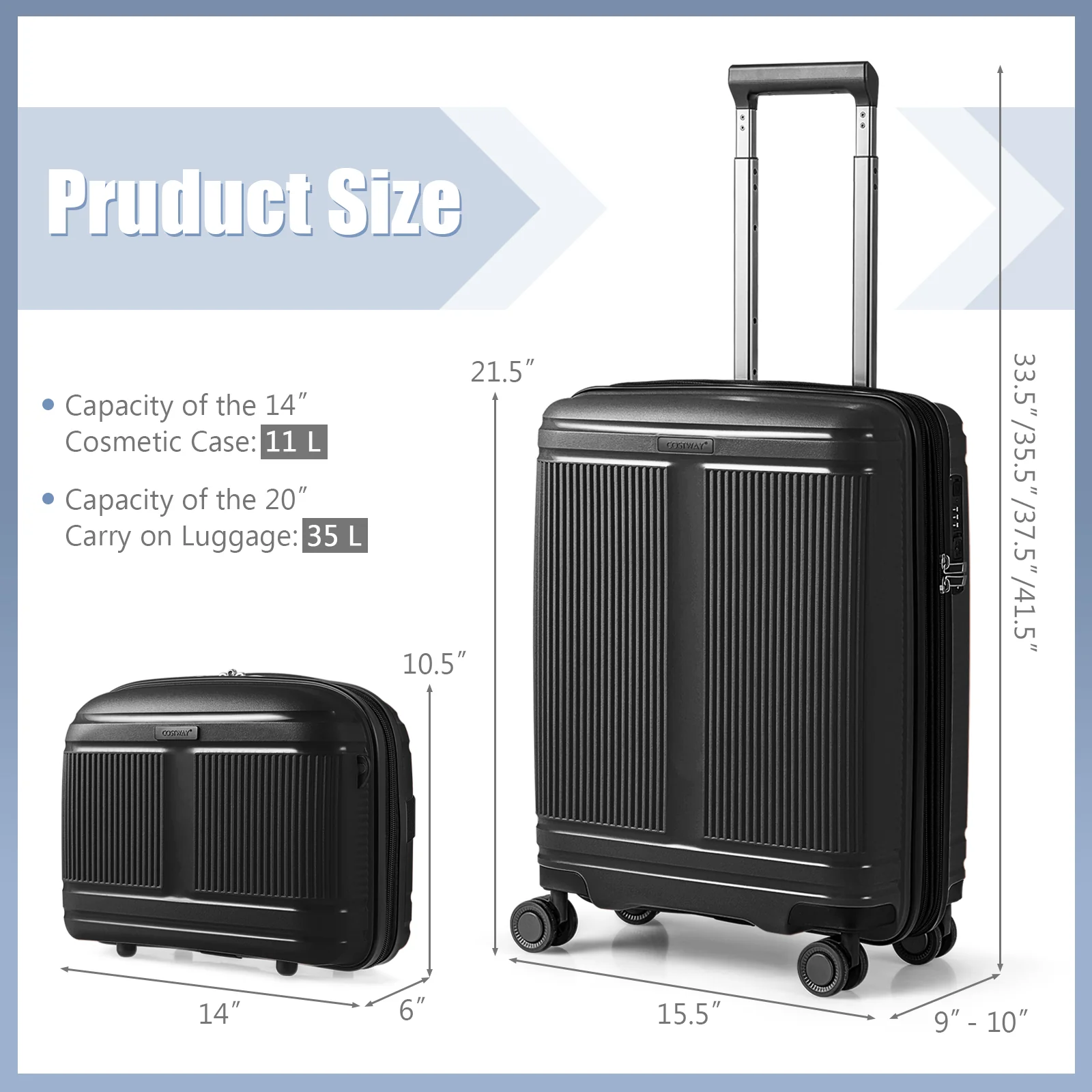2-Piece Luggage Set, 20 Inch Carry-On, 14 Inch Cosmetic Case, Black - Image 6