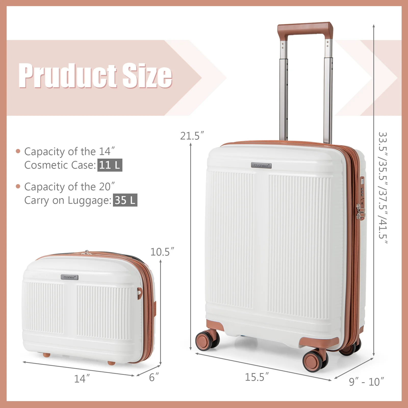 2-Piece Luggage Set, 20 Inch Carry-On, 14 Inch Cosmetic Case, White - Image 6