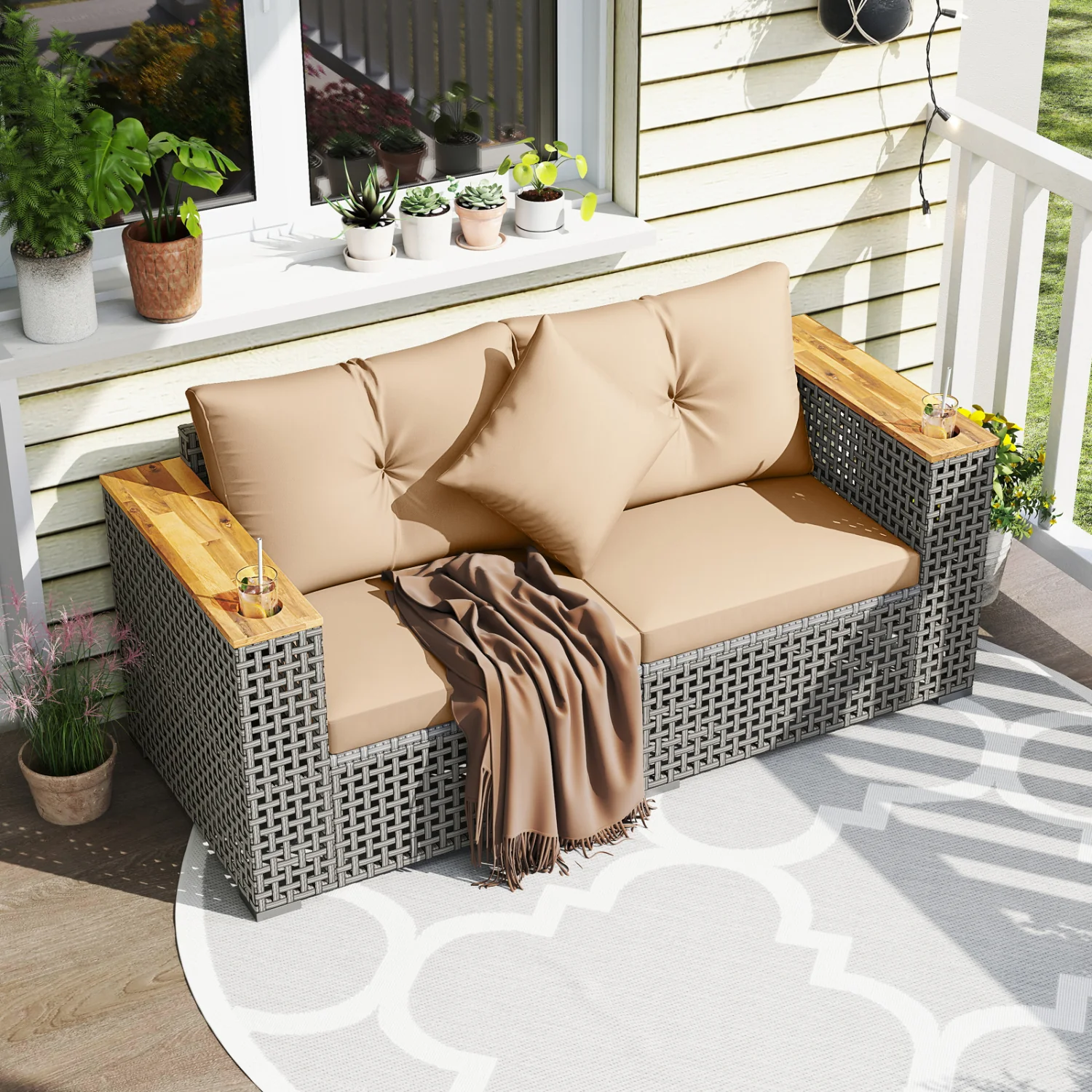 2-Piece Patio Corner Sofa Set, Thick Cushions, Beige - Image 3