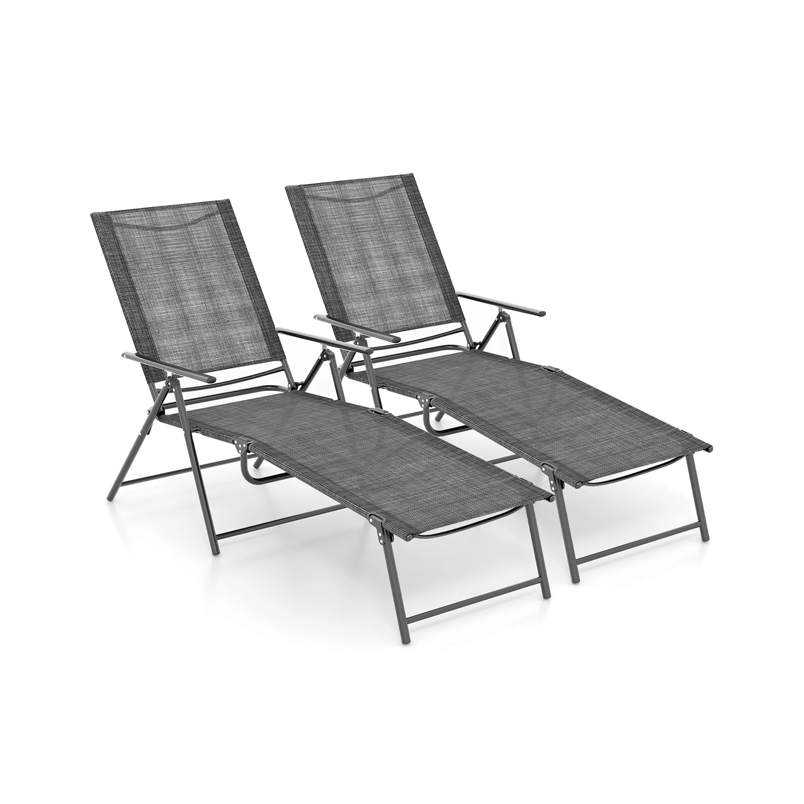 2 Piece Patio Folding Chaise Lounge Chairs, 6-Level Backrest, Gray