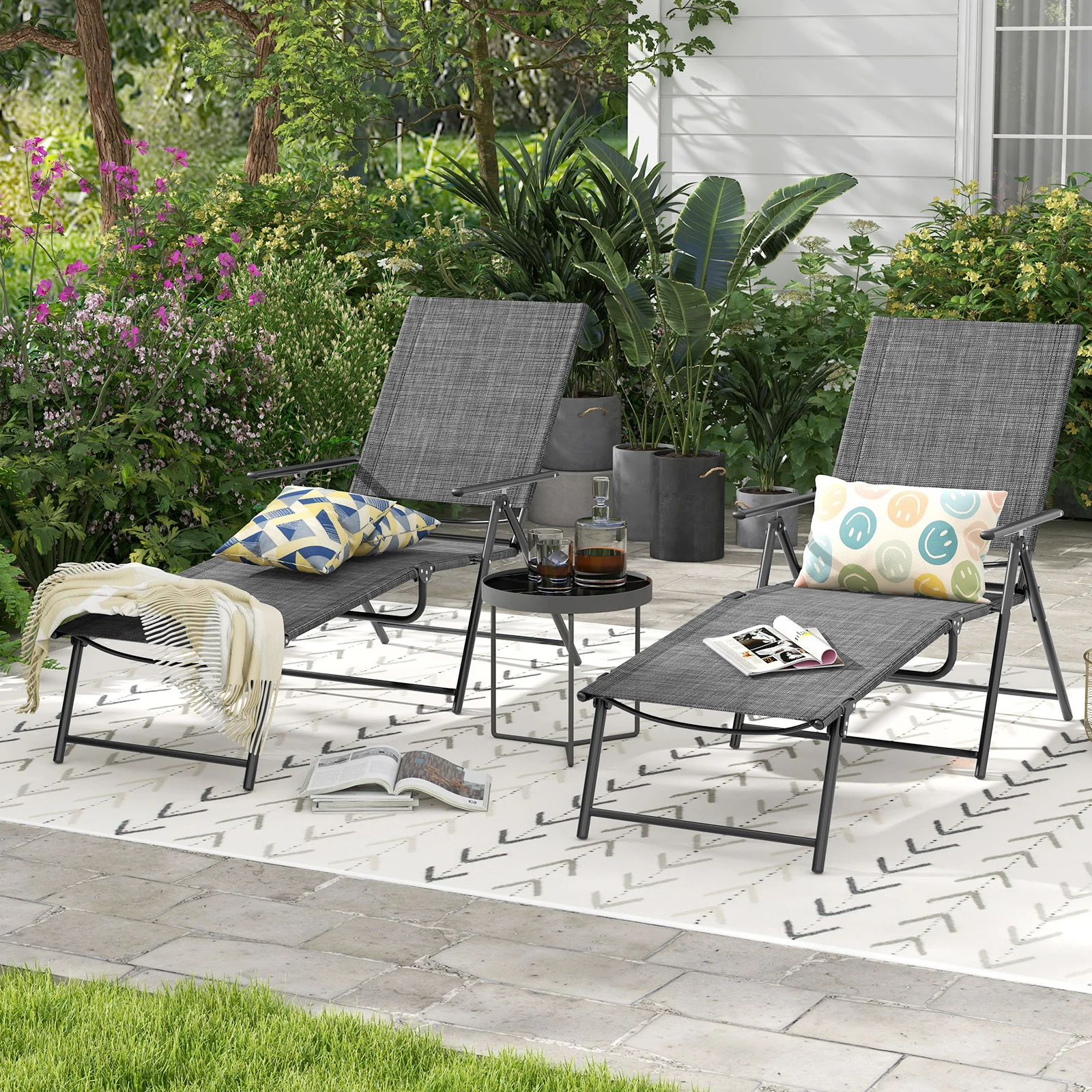 2 Piece Patio Folding Chaise Lounge Chairs, 6-Level Backrest, Gray - Image 3