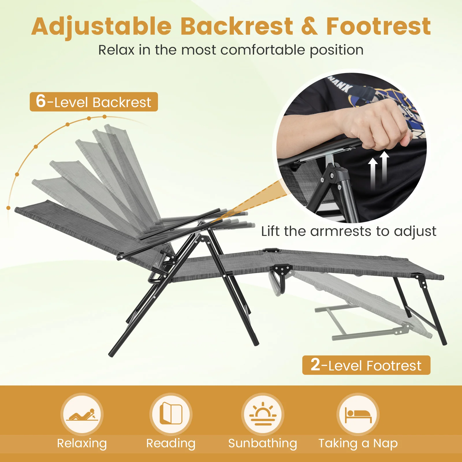 2 Piece Patio Folding Chaise Lounge Chairs, 6-Level Backrest, Gray - Image 8