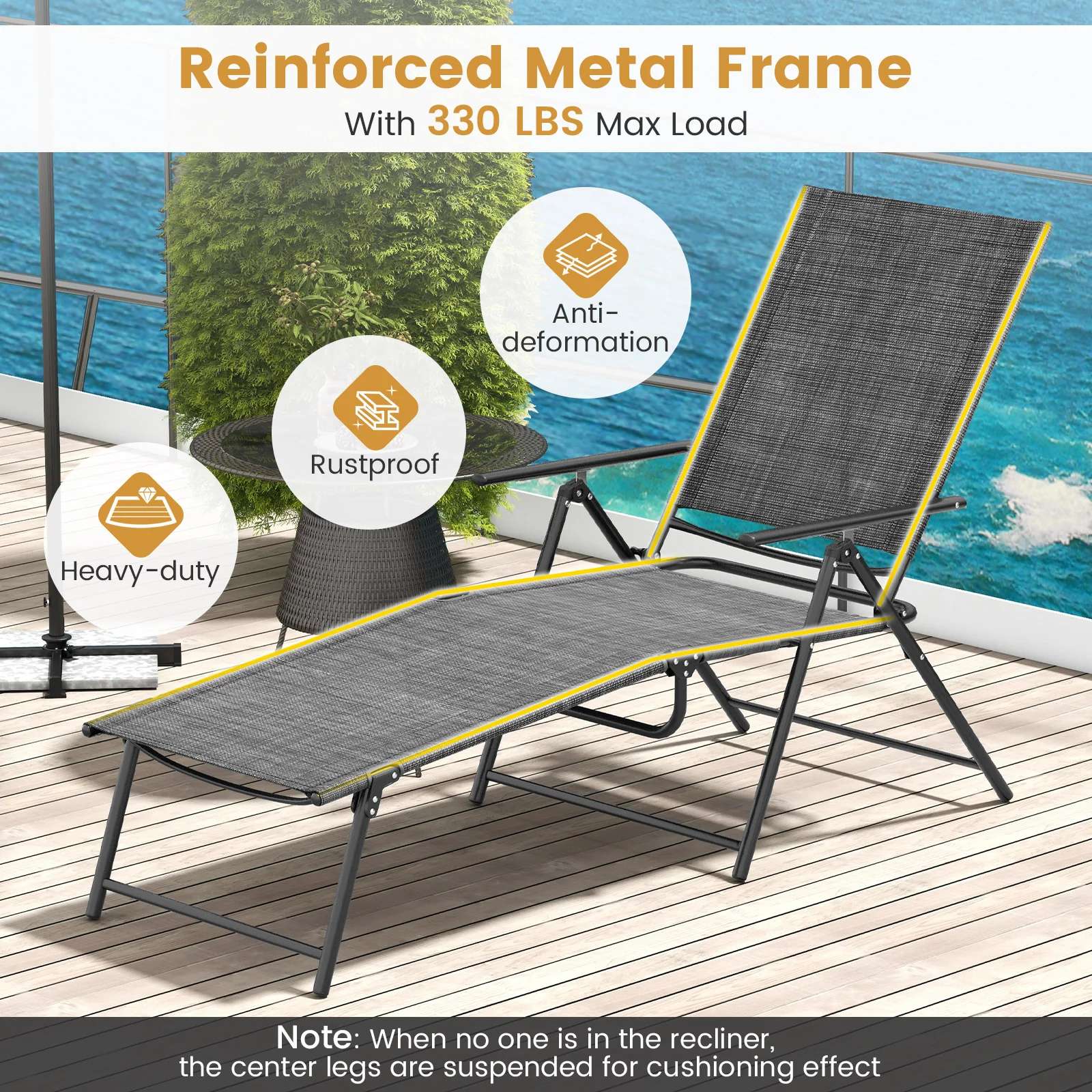 2 Piece Patio Folding Chaise Lounge Chairs, 6-Level Backrest, Gray - Image 9