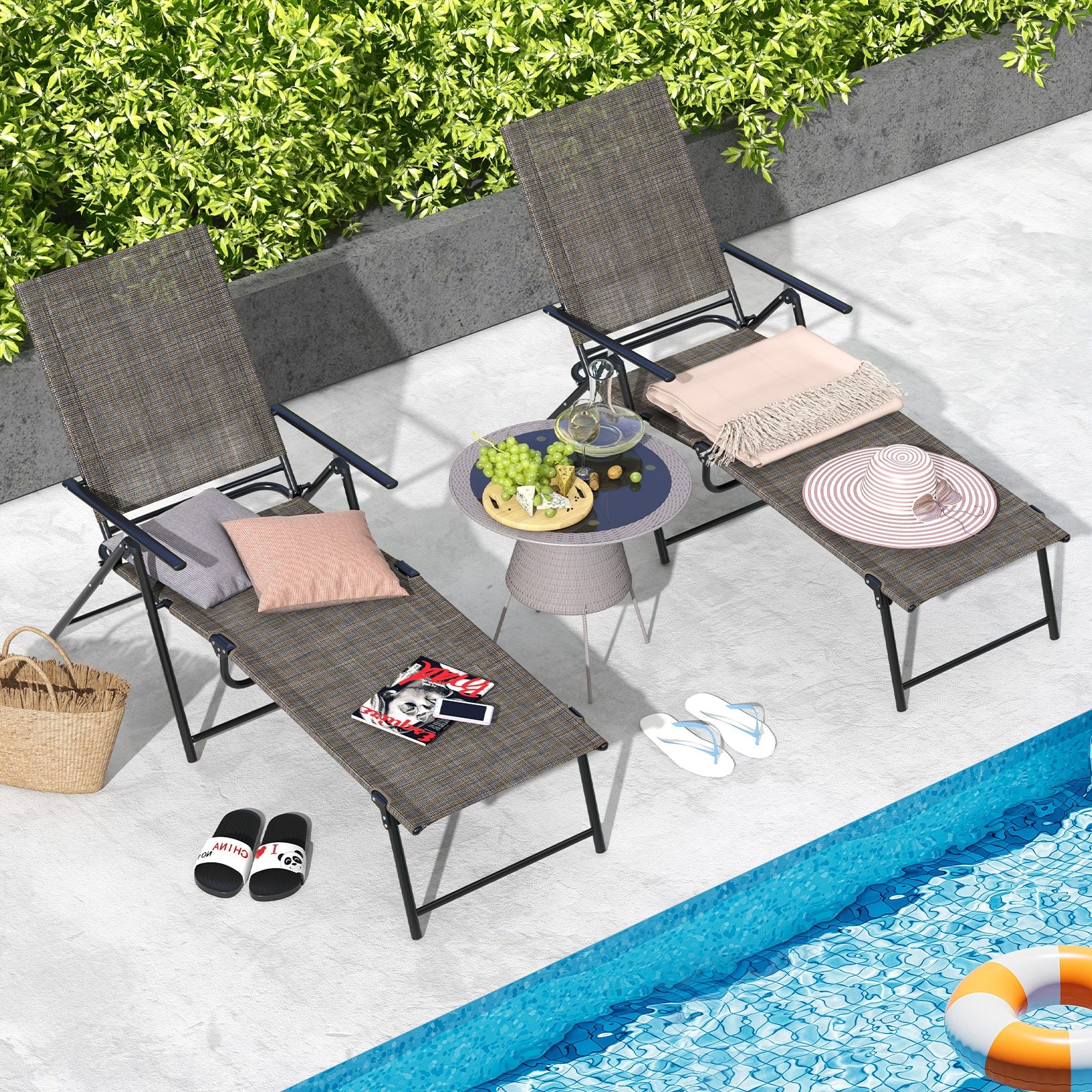 2 Piece Patio Folding Chaise Lounge Chairs, Recliner, 6-Level Backrest, Coffee - Image 2