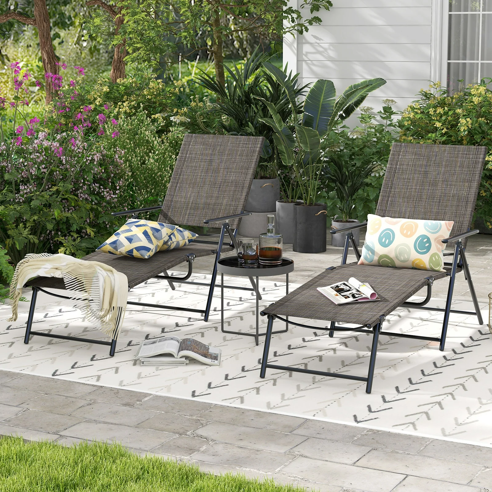 2 Piece Patio Folding Chaise Lounge Chairs, Recliner, 6-Level Backrest, Coffee - Image 3