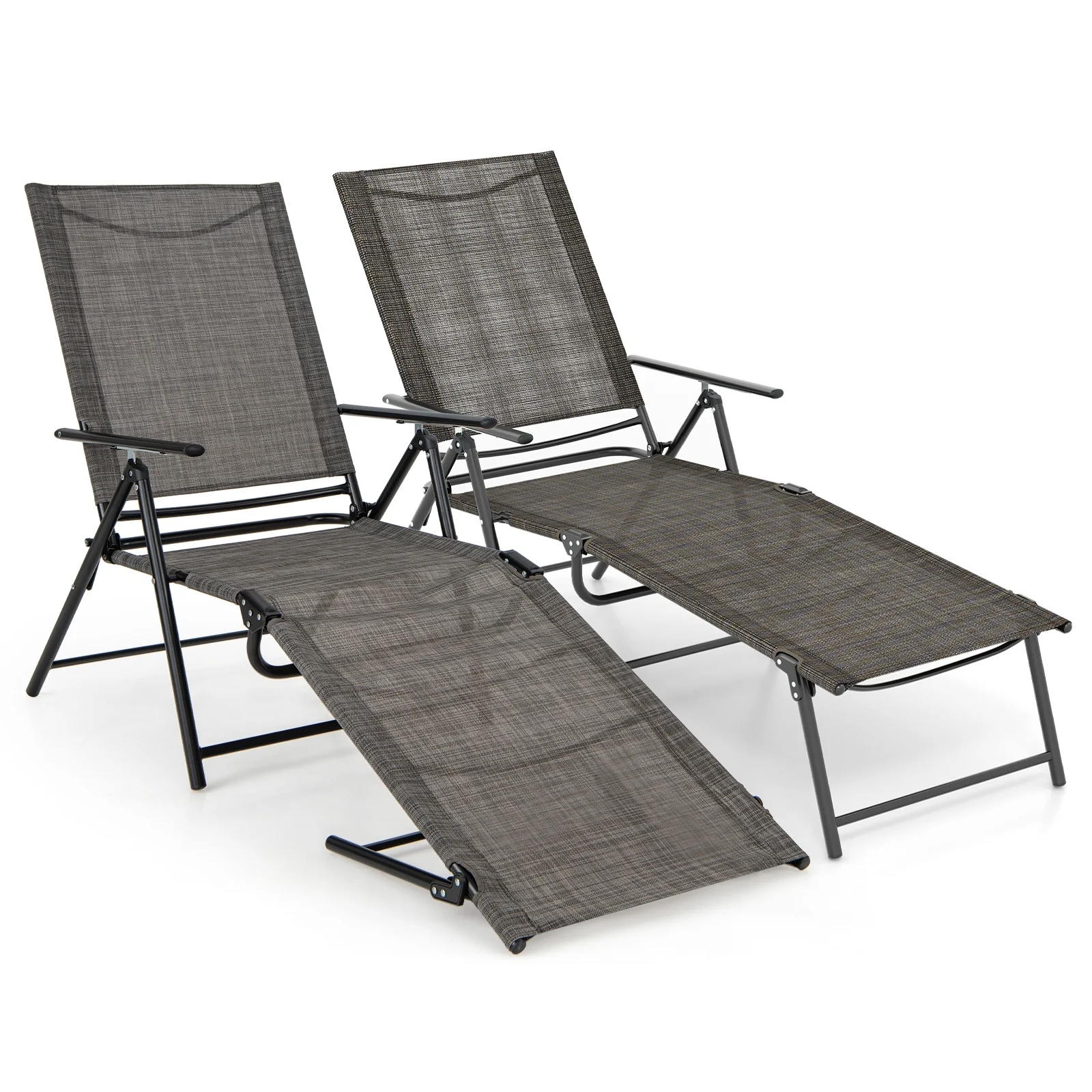 2 Piece Patio Folding Chaise Lounge Chairs, Recliner, 6-Level Backrest, Coffee - Image 5