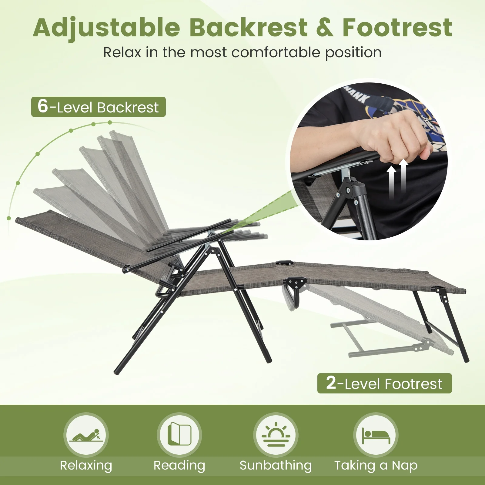 2 Piece Patio Folding Chaise Lounge Chairs, Recliner, 6-Level Backrest, Coffee - Image 8