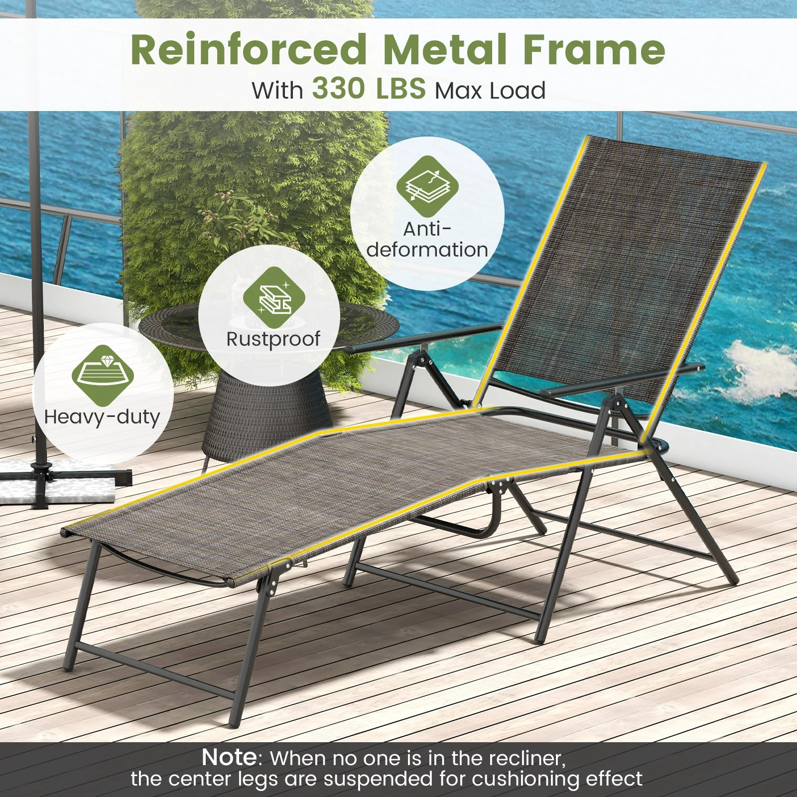 2 Piece Patio Folding Chaise Lounge Chairs, Recliner, 6-Level Backrest, Coffee - Image 9