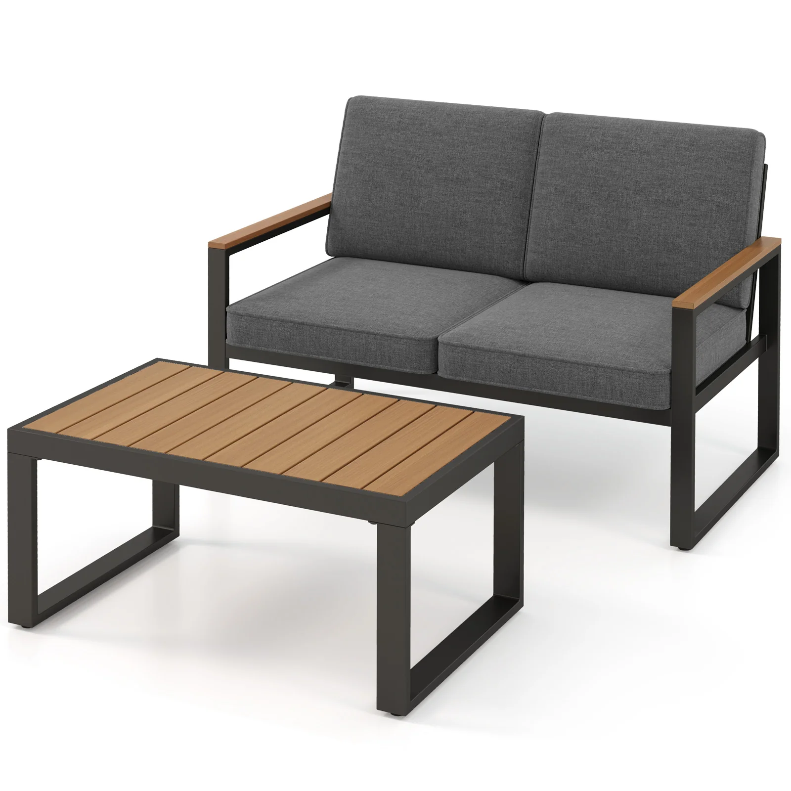 2 Piece Patio Furniture Set, Aluminum Frame, Wood-Plastic Armrests, Gray