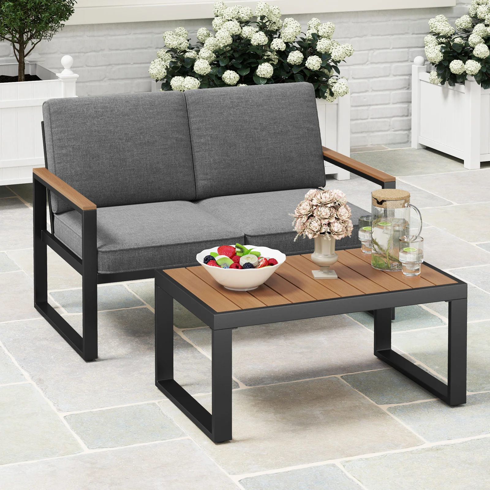 2 Piece Patio Furniture Set, Aluminum Frame, Wood-Plastic Armrests, Gray - Image 2