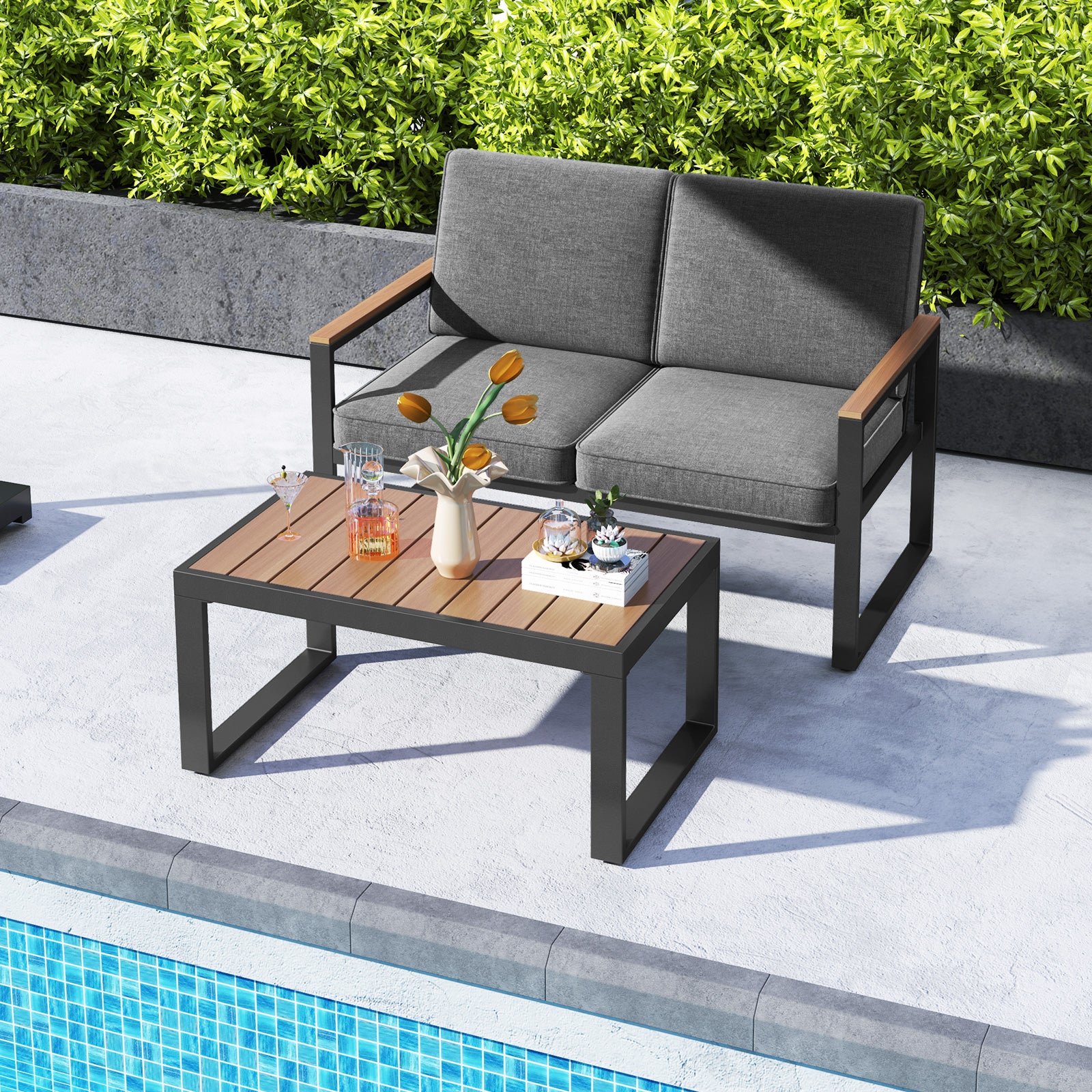 2 Piece Patio Furniture Set, Aluminum Frame, Wood-Plastic Armrests, Gray - Image 3