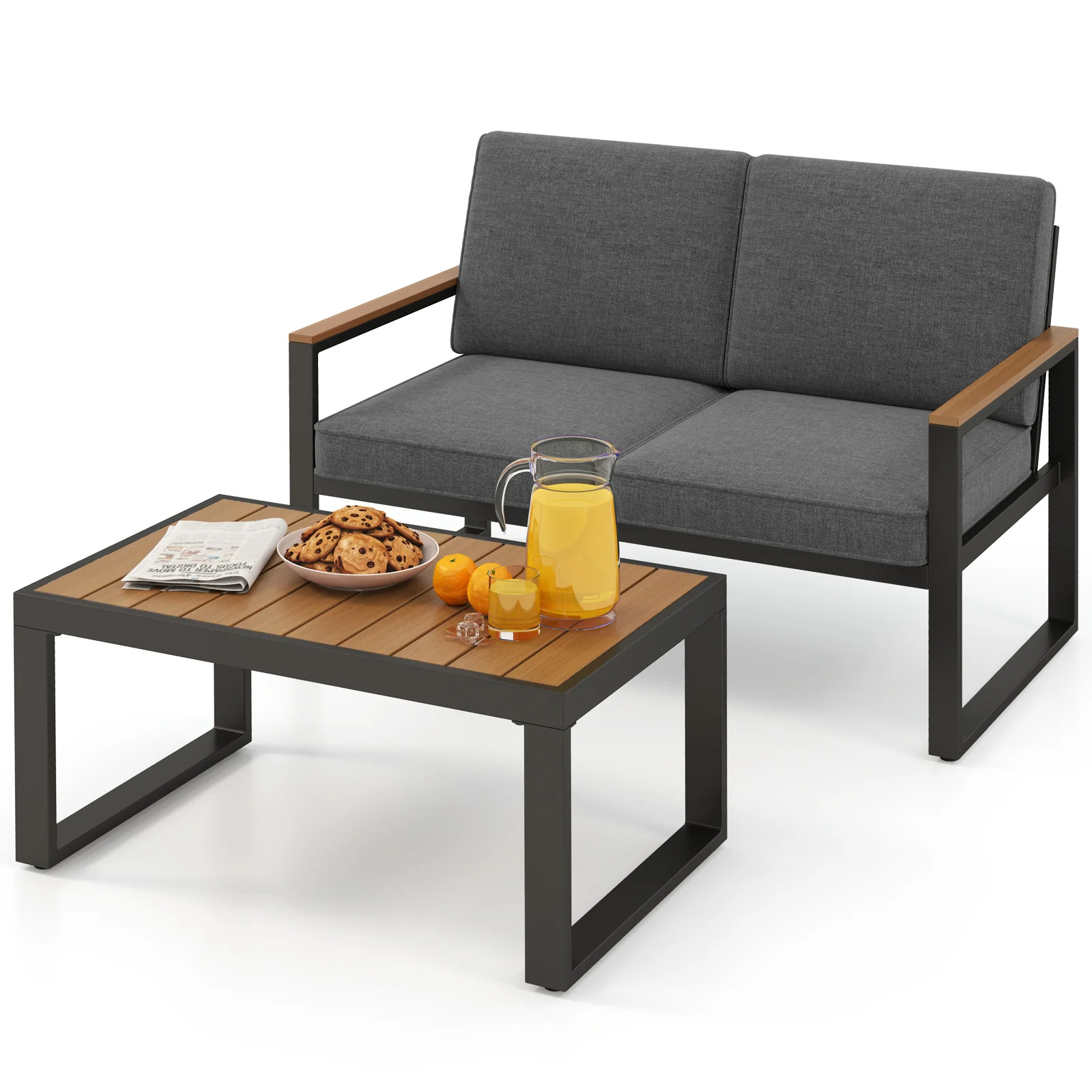 2 Piece Patio Furniture Set, Aluminum Frame, Wood-Plastic Armrests, Gray - Image 5