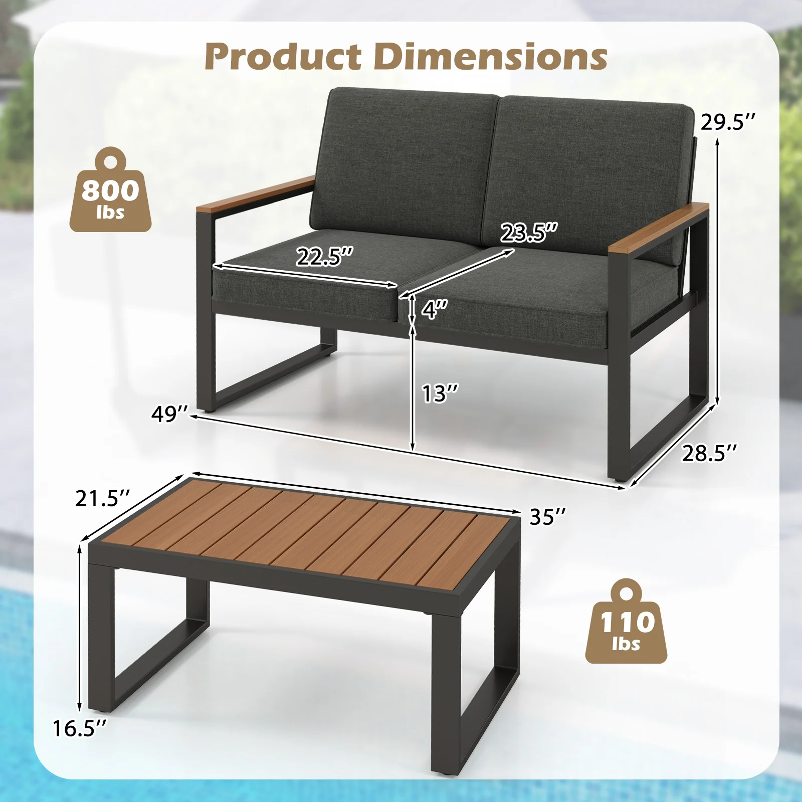 2 Piece Patio Furniture Set, Aluminum Frame, Wood-Plastic Armrests, Gray - Image 6