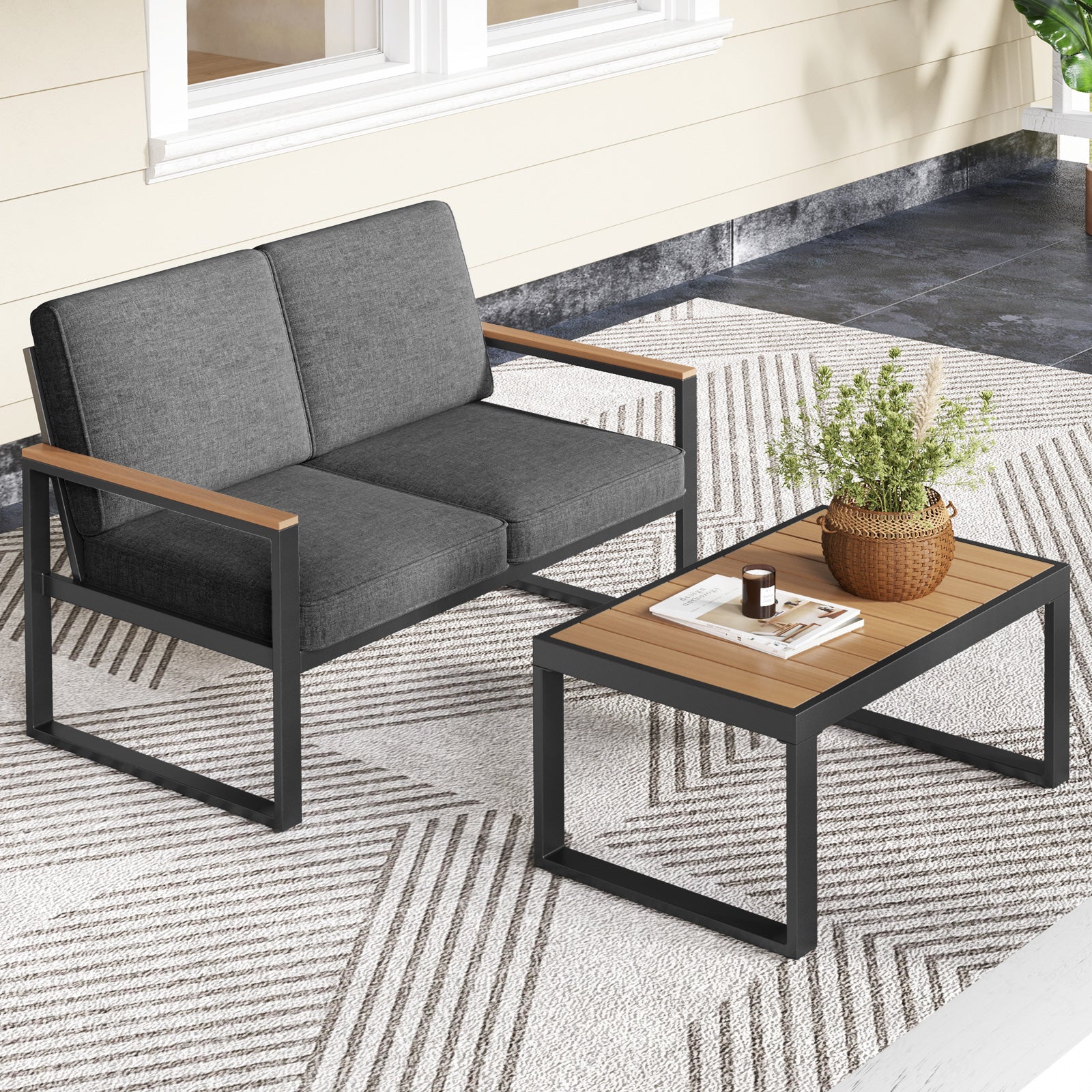 2 Piece Patio Furniture Set, Aluminum Frame, Wood-Plastic Armrests, Gray - Image 7