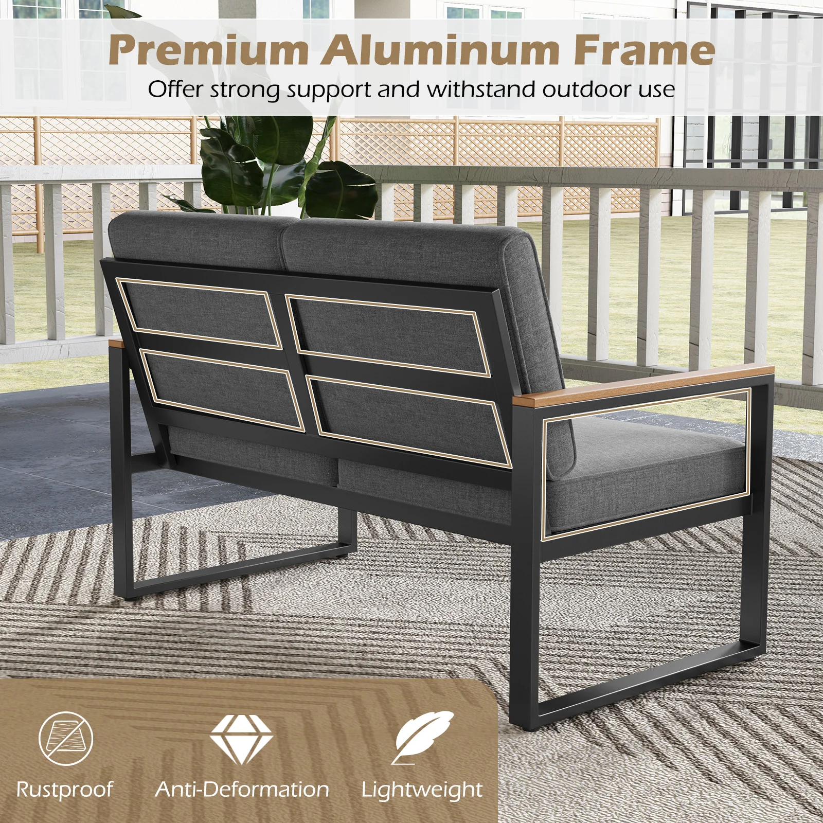 2 Piece Patio Furniture Set, Aluminum Frame, Wood-Plastic Armrests, Gray - Image 8