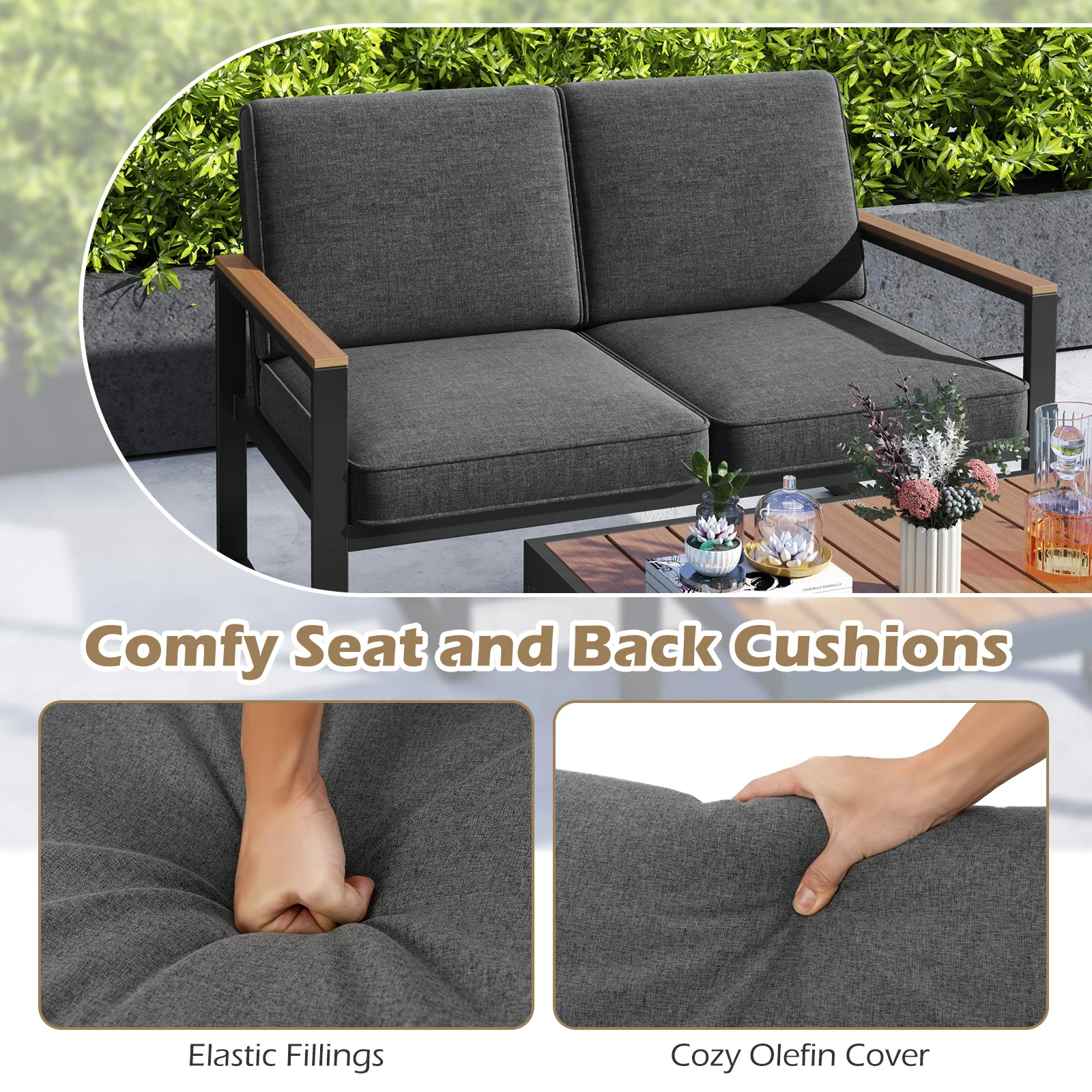 2 Piece Patio Furniture Set, Aluminum Frame, Wood-Plastic Armrests, Gray - Image 9