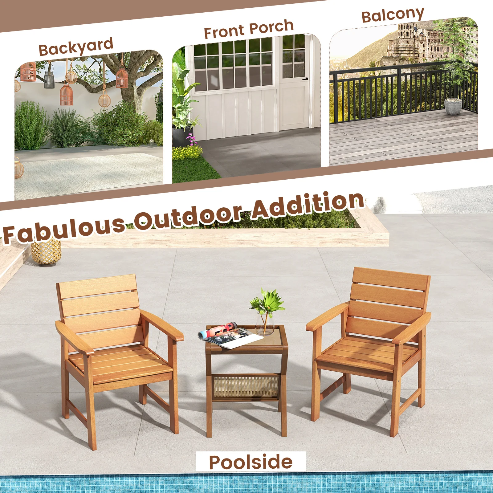 2 Piece Patio Hardwood Chair, Slatted Seat, Inclined Backrest, Natural - Image 8