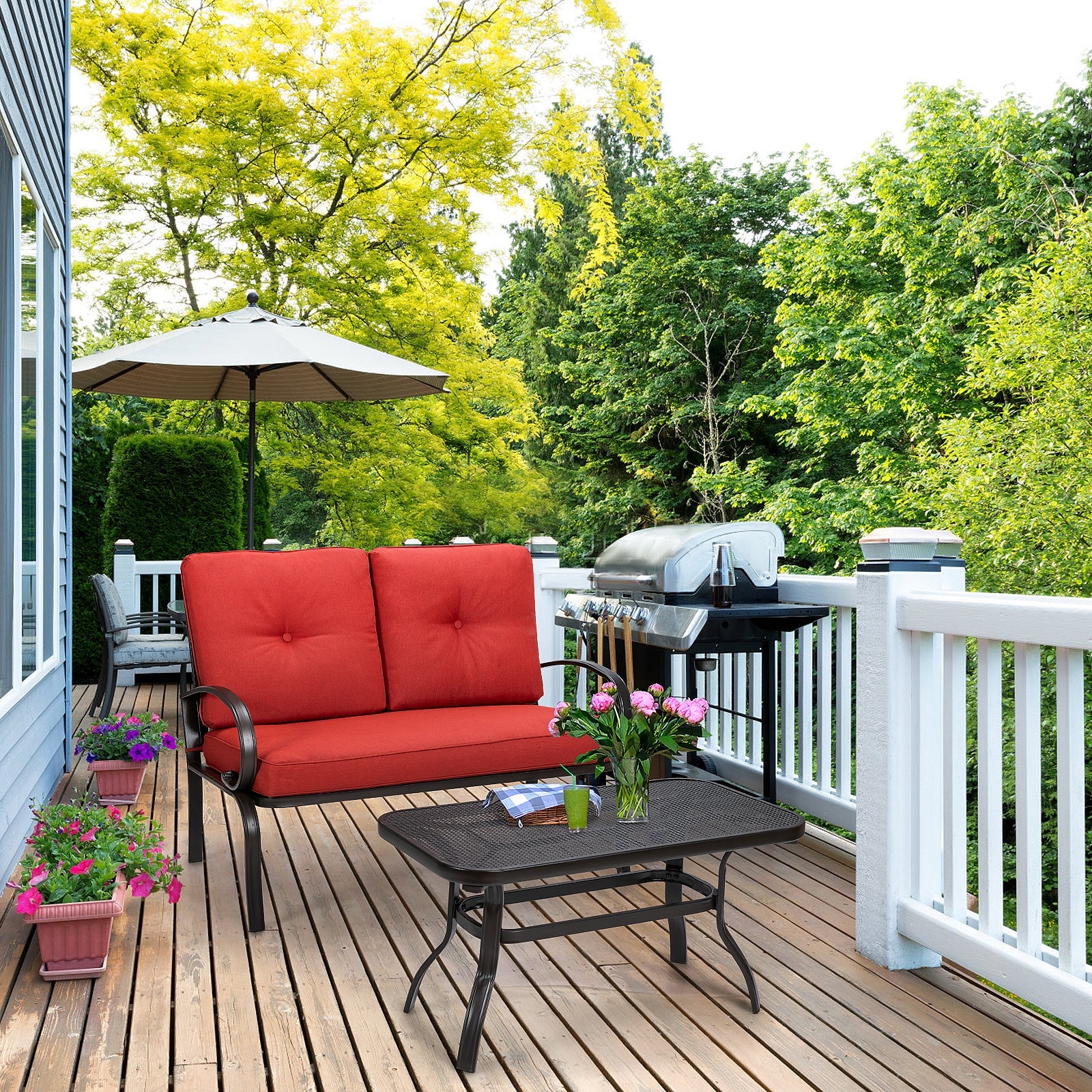 2 Piece Patio Outdoor Cushioned Coffee Table Seat, Red - Image 2