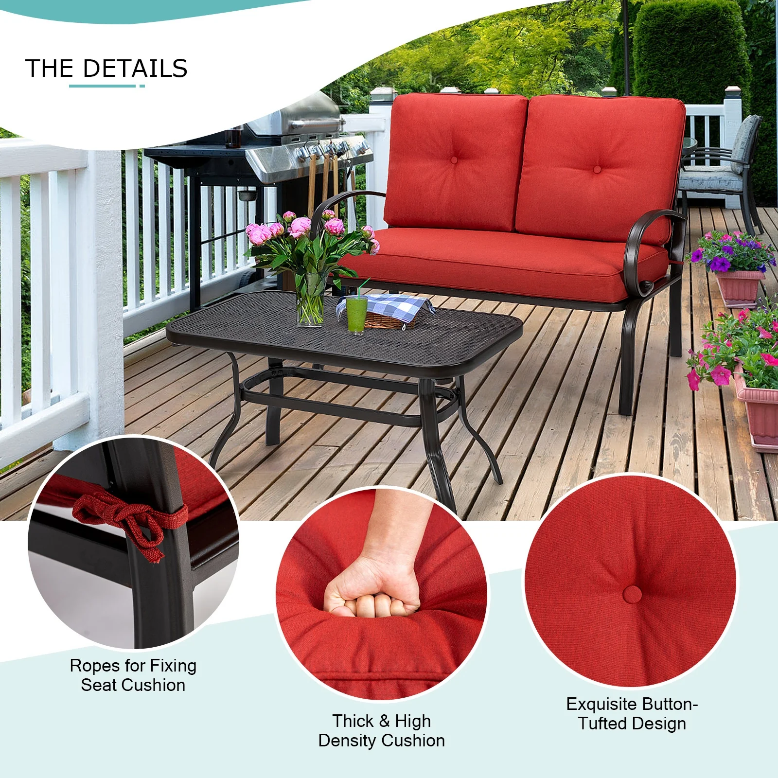 2 Piece Patio Outdoor Cushioned Coffee Table Seat, Red - Image 6
