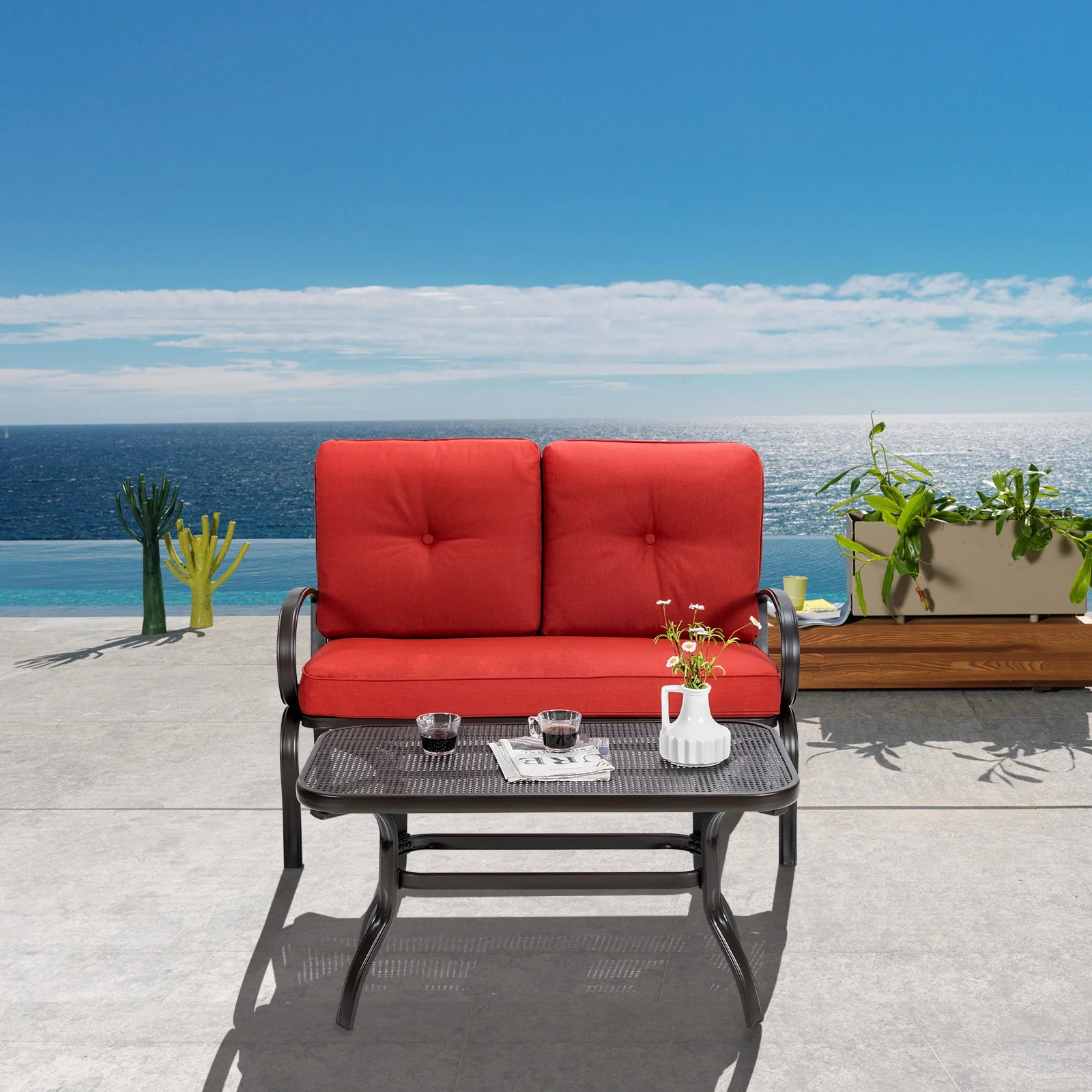 2 Piece Patio Outdoor Cushioned Coffee Table Seat, Red - Image 7